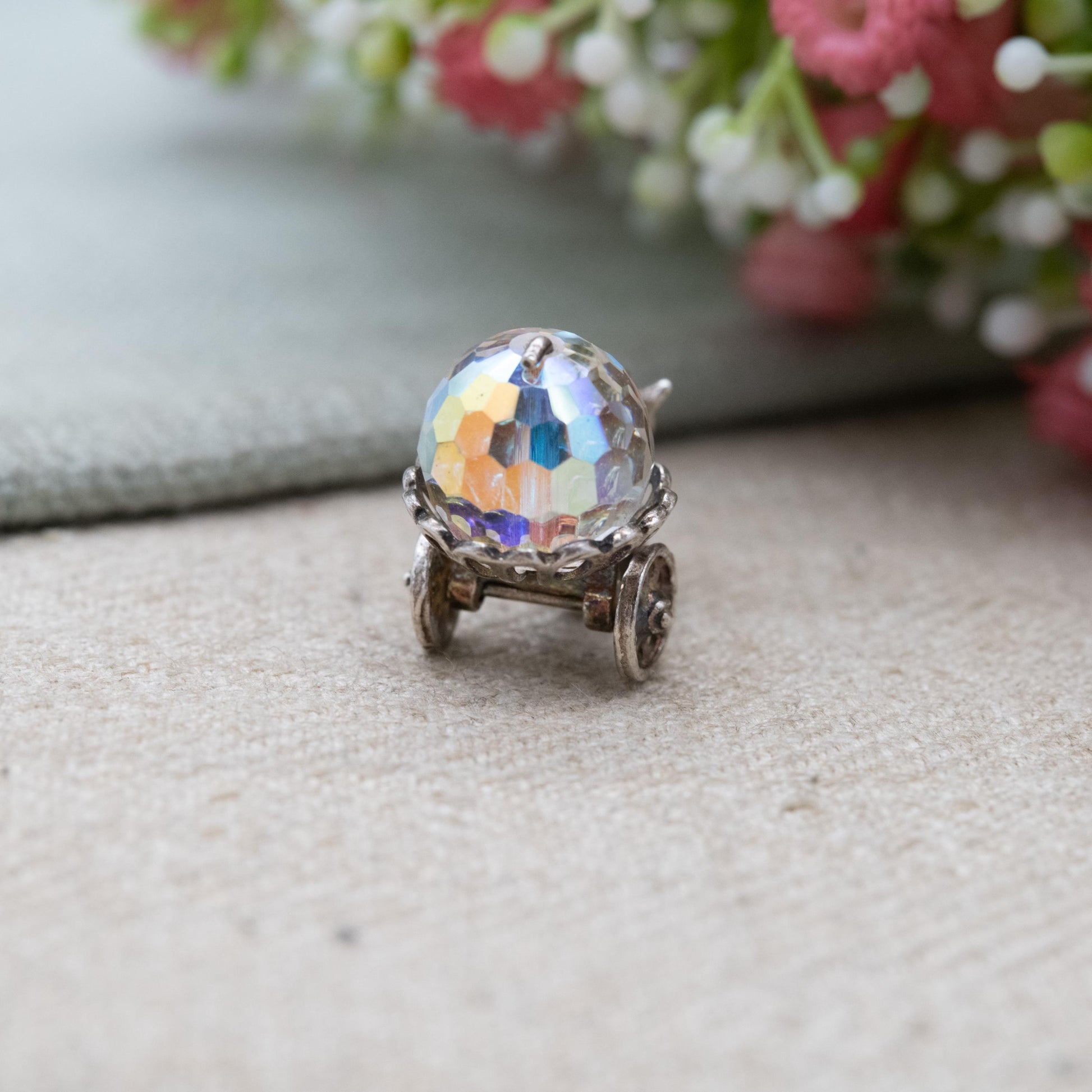 Vintage Sterling Silver Aurora Crystal Moving Donkey Cart Charm Pendant - Fantasy Princess Carriage | Gift for Charm Bracelet