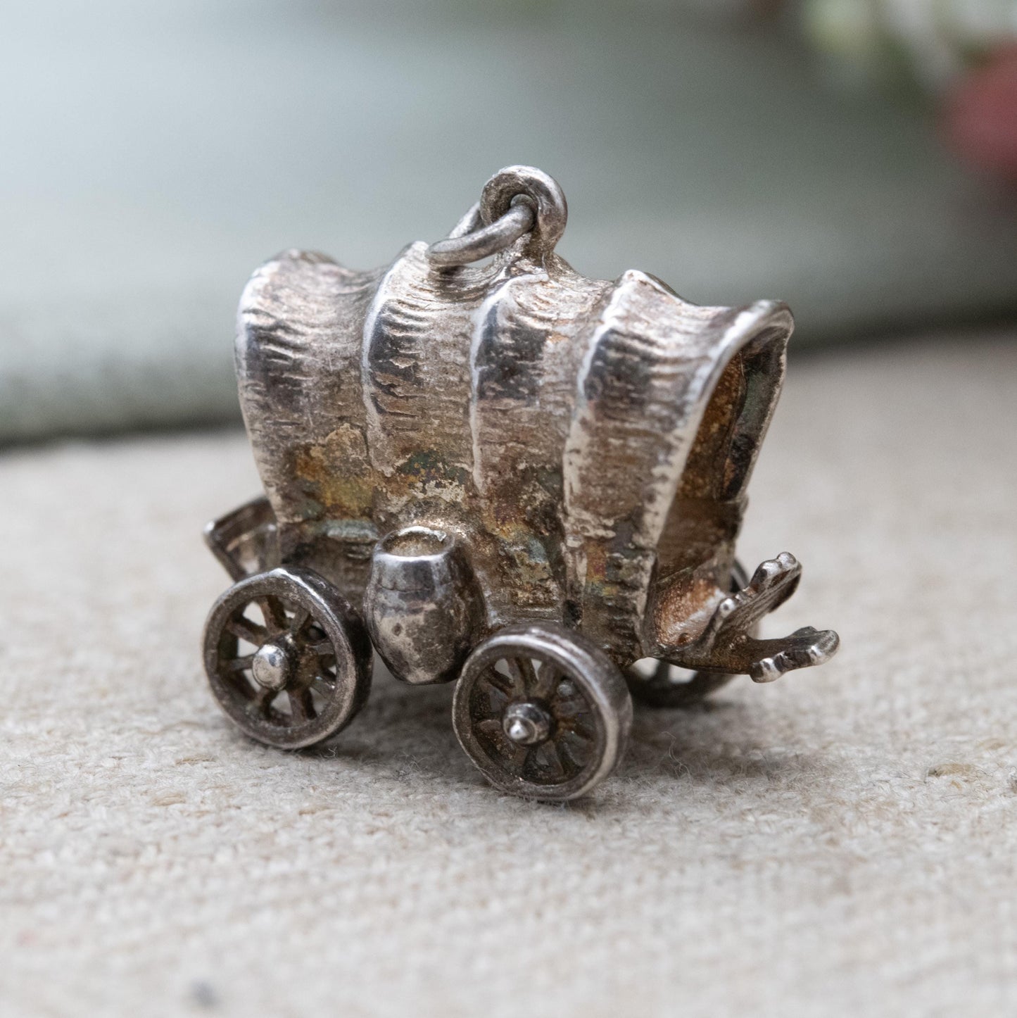 Vintage Sterling Silver Covered Wagon Charm Pendant - Moving Wheels Pioneer Wagon | Wild West Gift for Charm Bracelet