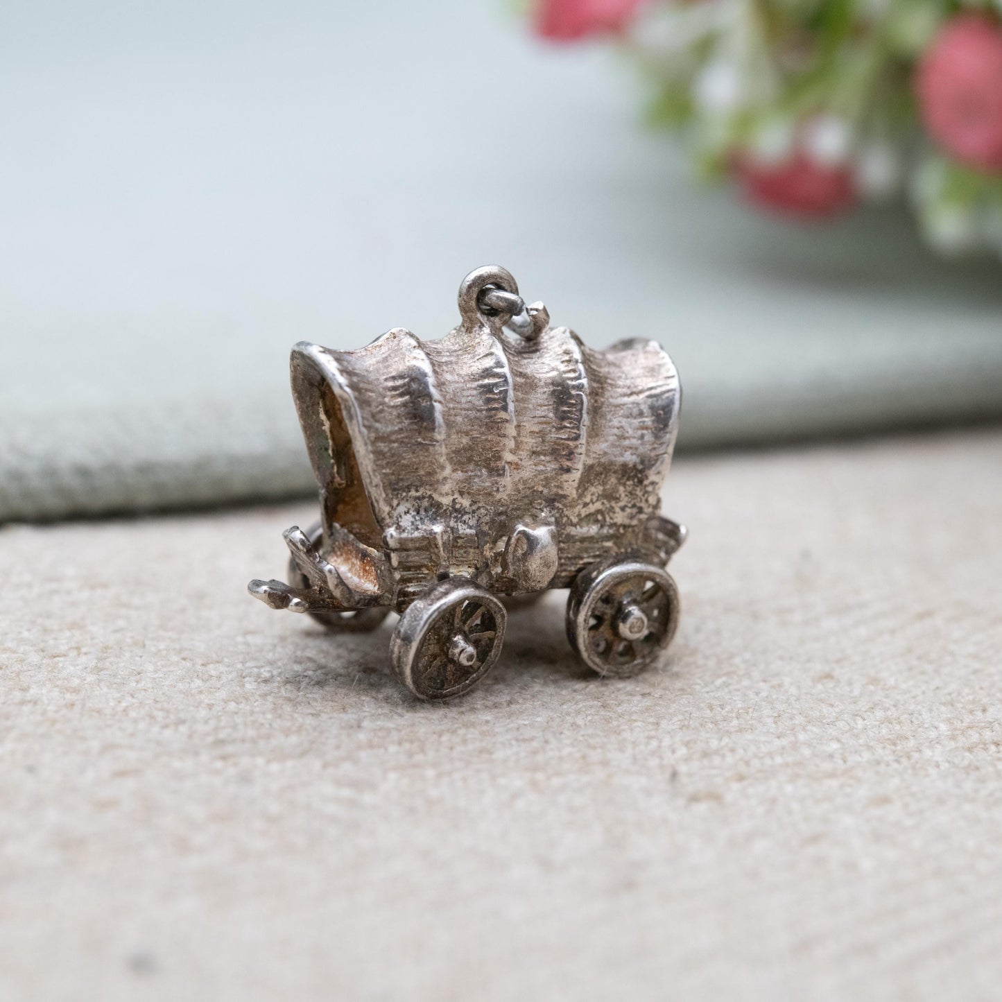 Vintage Sterling Silver Covered Wagon Charm Pendant - Moving Wheels Pioneer Wagon | Wild West Gift for Charm Bracelet