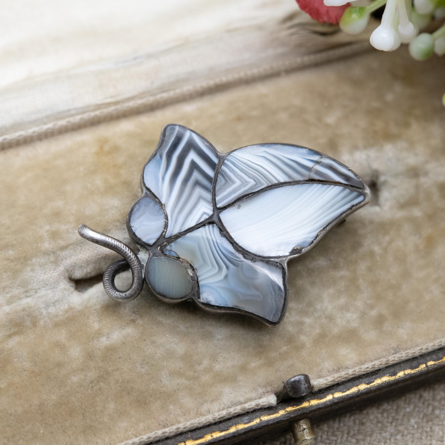 Antique Victorian Silver Scottish Agate Ivy Brooch - Scottish Hardstone Natural Gemstones | Collectable | Sterling Silver