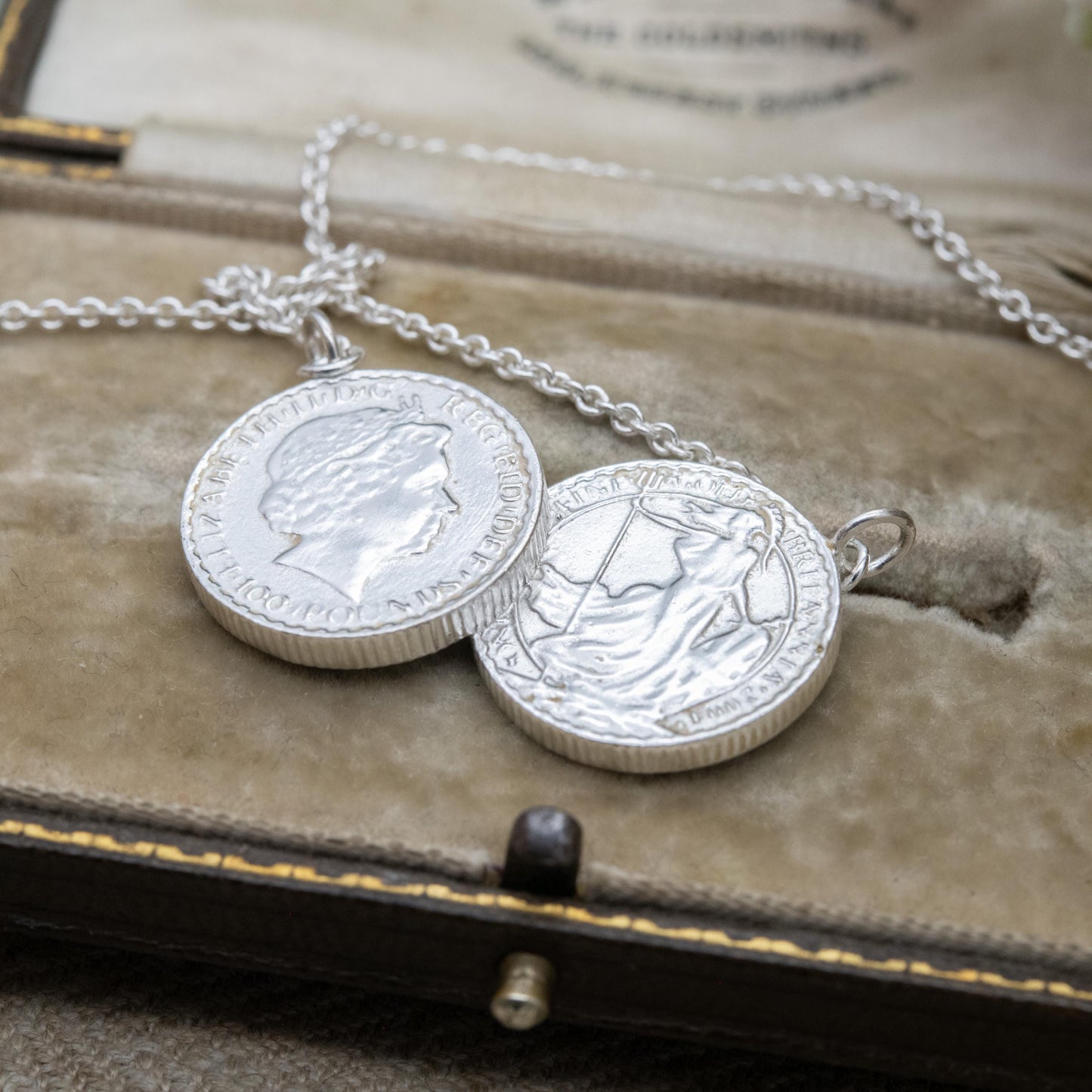 Sterling Silver Double Britannia Coin Necklace – Queen Elizabeth II Imitation Coins on Silver Chain | Statement Pendant Jewellery