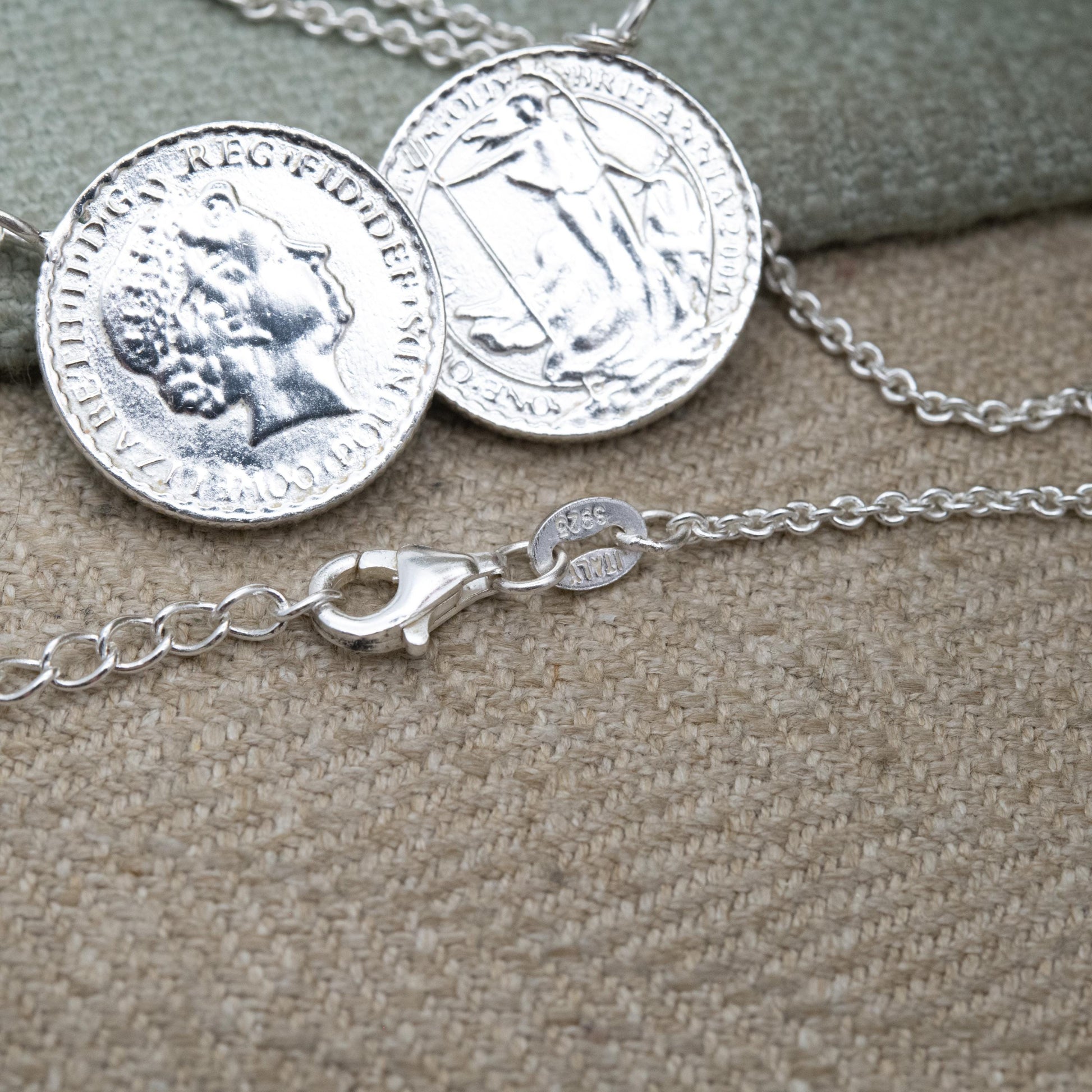 Sterling Silver Double Britannia Coin Necklace – Queen Elizabeth II Imitation Coins on Silver Chain | Statement Pendant Jewellery