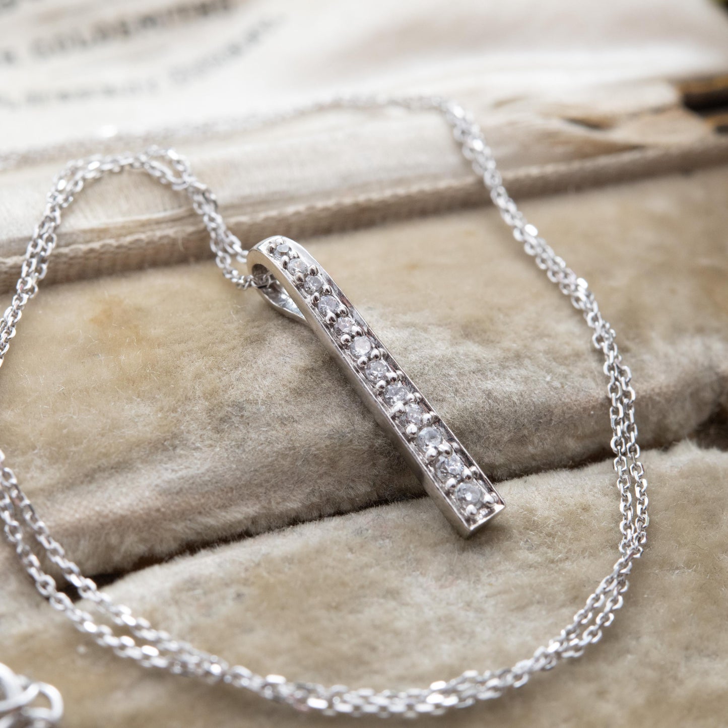 9ct White Gold Pendant Necklace with Graduated Stones - Solid Gold Minimalist Gift for Her | Bar Shape Pave Set Charm on 18" Trace Chain