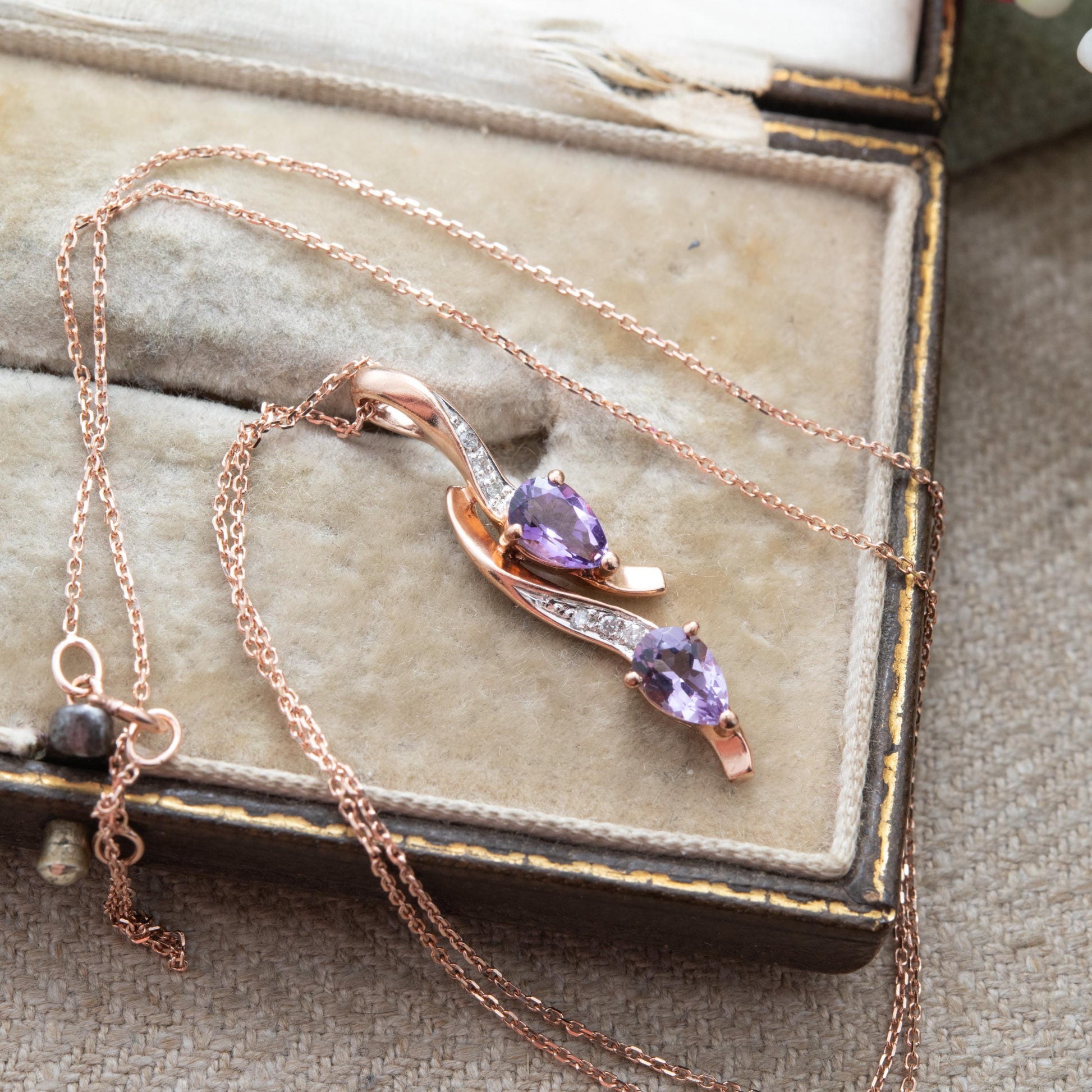 9ct Rose Gold Amethyst and Diamond Pendant Necklace - Pear Cut Double Drop Curved Twist Design