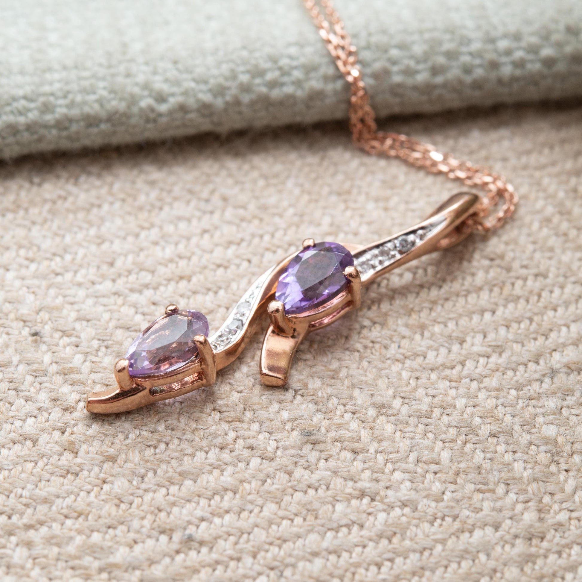 9ct Rose Gold Amethyst and Diamond Pendant Necklace - Pear Cut Double Drop Curved Twist Design