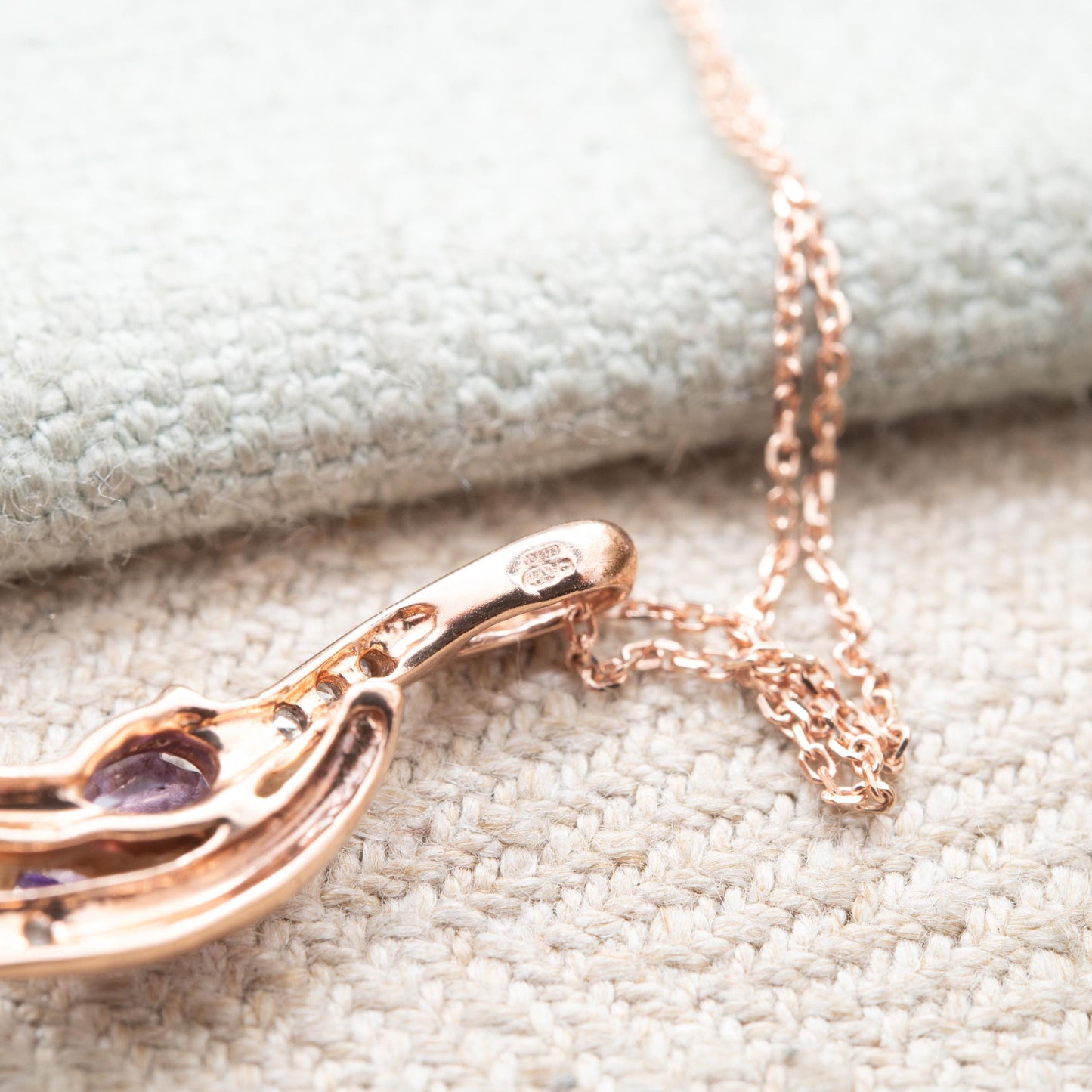 9ct Rose Gold Amethyst and Diamond Pendant Necklace - Pear Cut Double Drop Curved Twist Design