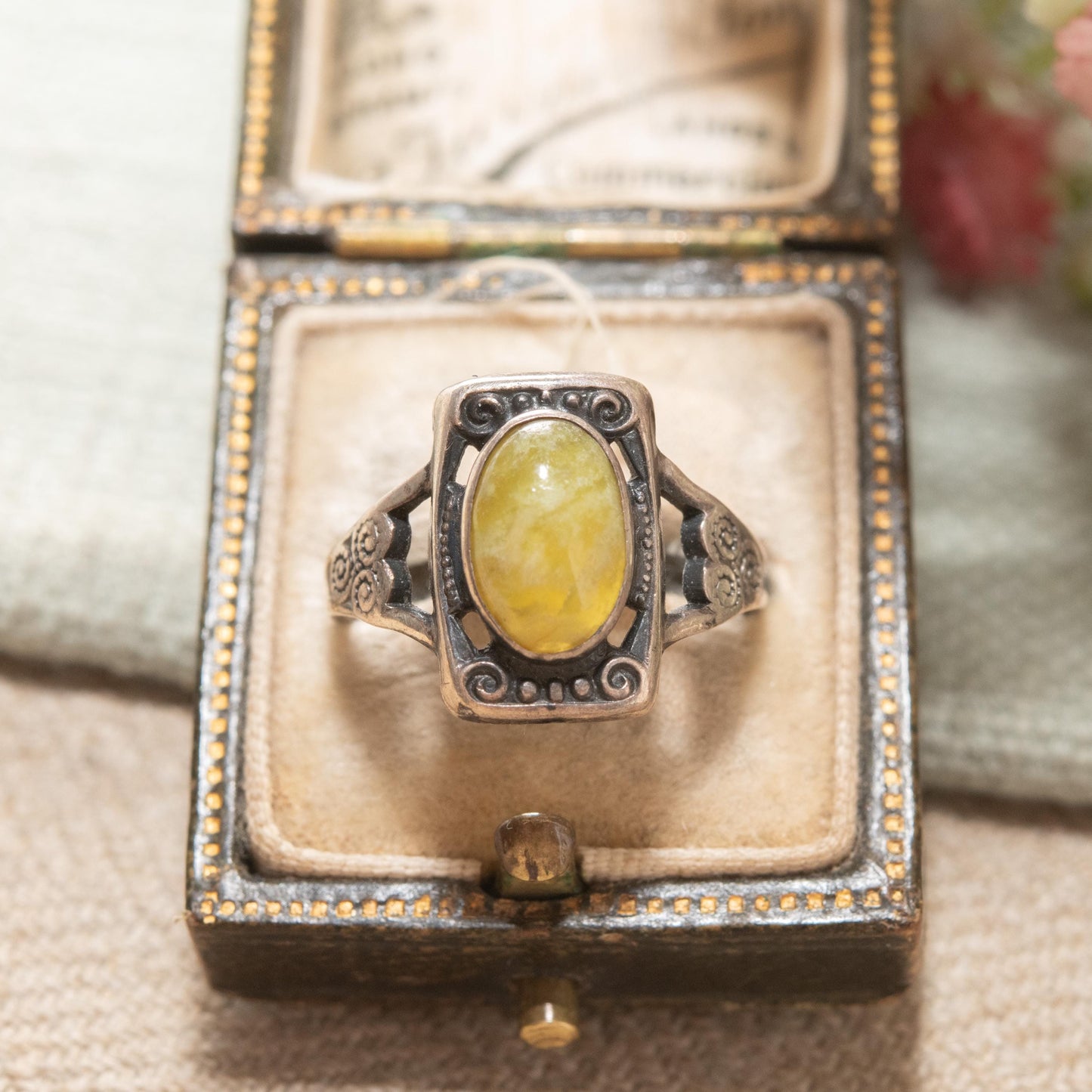 Vintage Sterling Silver Connemara Marble Ring - Celtic Irish Green Stone c. 1940s | UK Size - N | US - 6 1/2