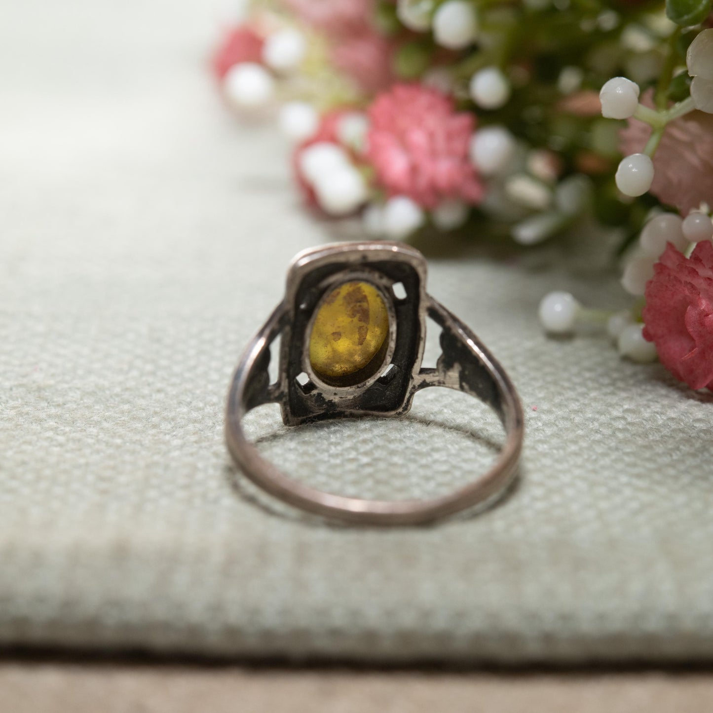 Vintage Sterling Silver Connemara Marble Ring - Celtic Irish Green Stone c. 1940s | UK Size - N | US - 6 1/2