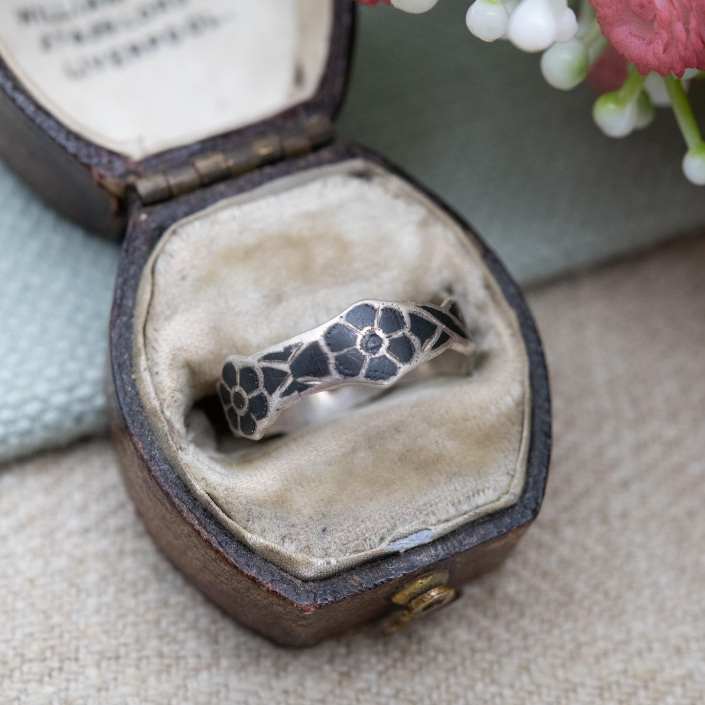 Vintage Sterling Silver Niello Siam Floral Ring - Thailand Enamel Flower | Siamese Silver | UK Size - K 1/2 |US Size - 5 1/2