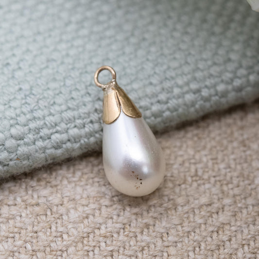 Vintage 9ct Gold Faux Pearl Teardrop Pendant c. 1960s - for Charm Necklace