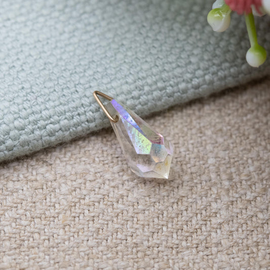 Vintage 9ct Gold Aurora Borealis Glass Charm Pendant c. 1960s - Faceted Rainbow Crystal Drop