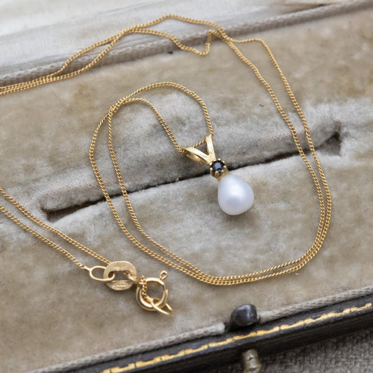 Balestra 9ct Gold Sapphire Pearl Pendant Necklace on Trace Chain