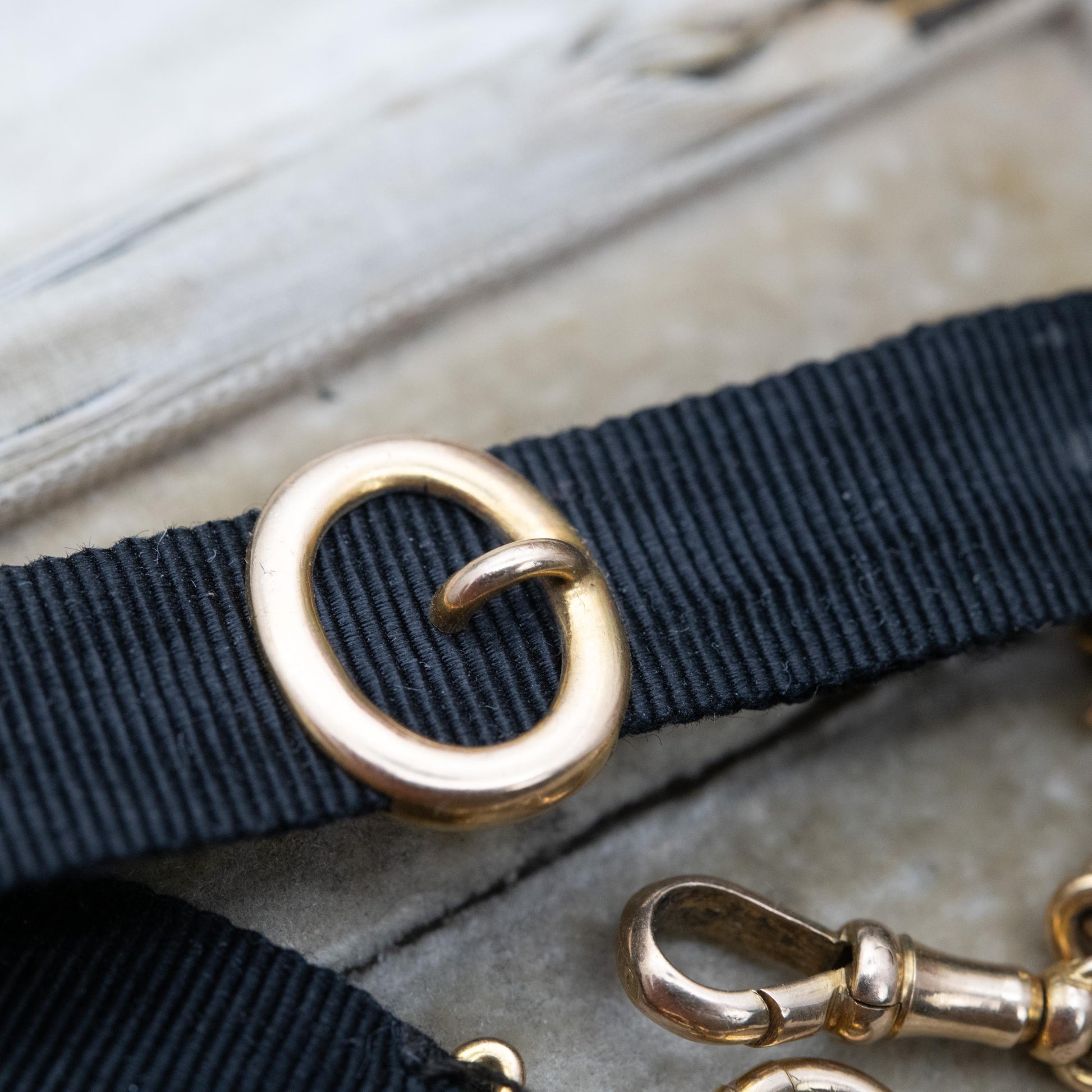 Antique Edwardian 9ct Gold Buckle Slider Ribbon Bracelet Conversion 1905 - Grosgrain Watch Chain with Dog Clip Clasp and Bolt Ring