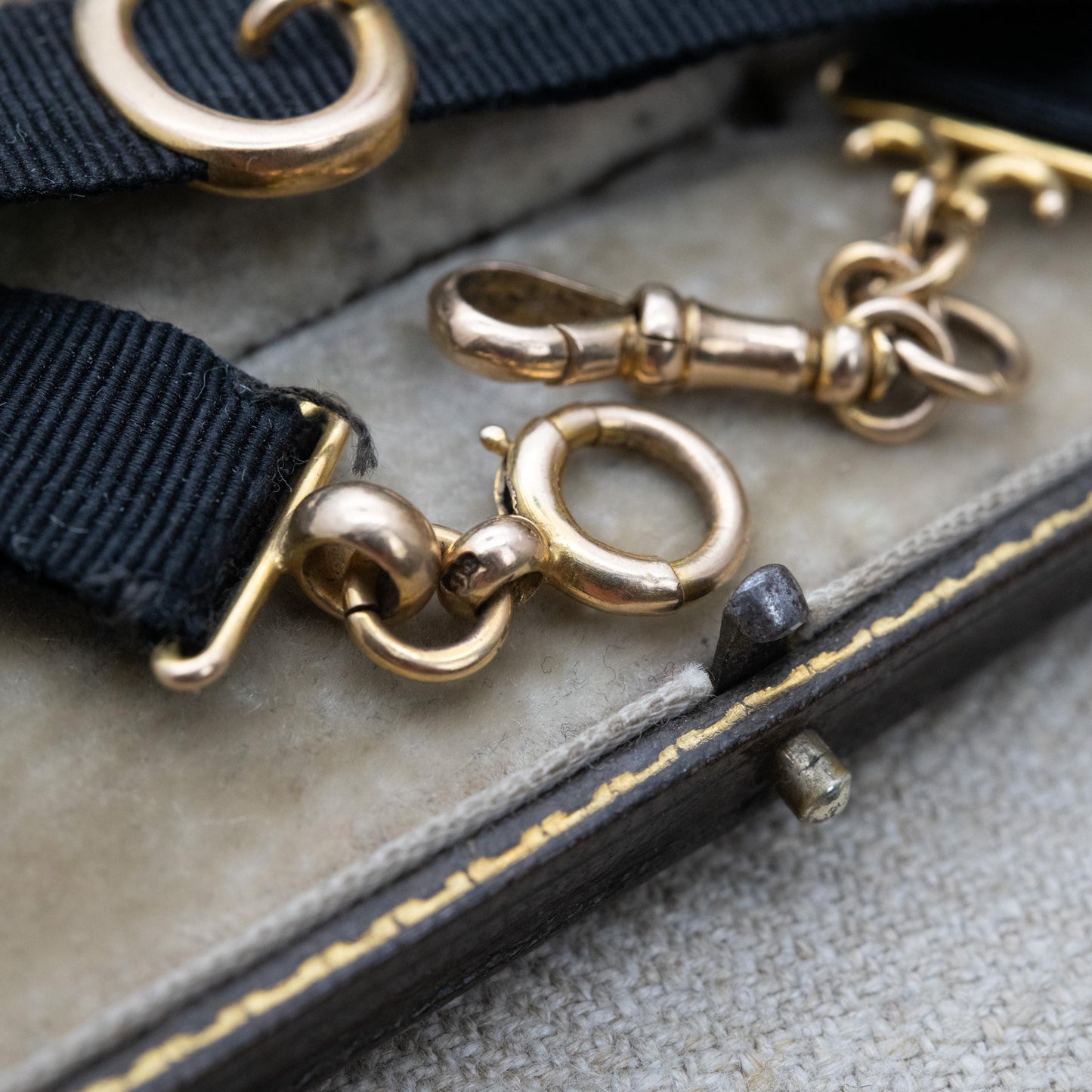 Antique Edwardian 9ct Gold Buckle Slider Ribbon Bracelet Conversion 1905 - Grosgrain Watch Chain with Dog Clip Clasp and Bolt Ring