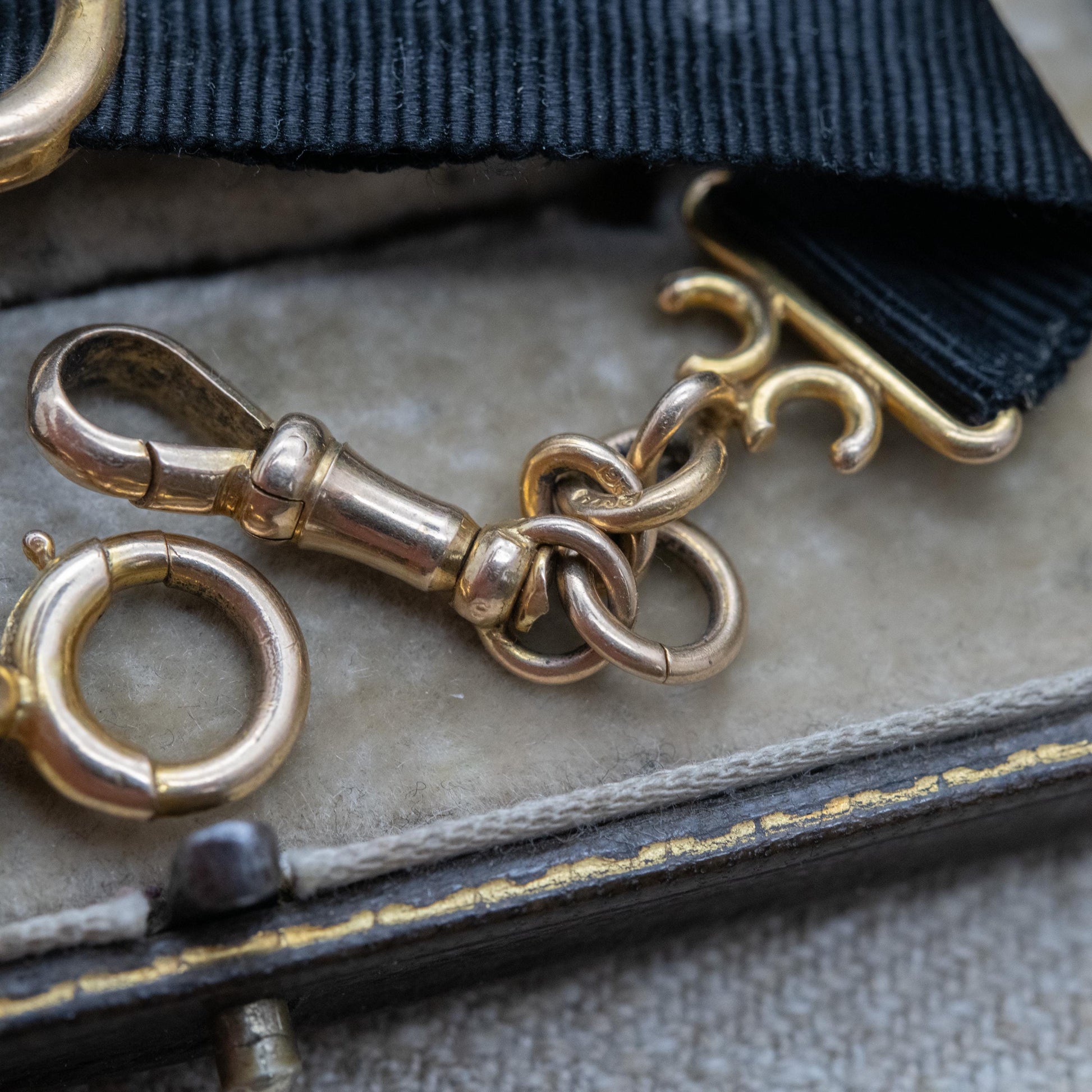 Antique Edwardian 9ct Gold Buckle Slider Ribbon Bracelet Conversion 1905 - Grosgrain Watch Chain with Dog Clip Clasp and Bolt Ring