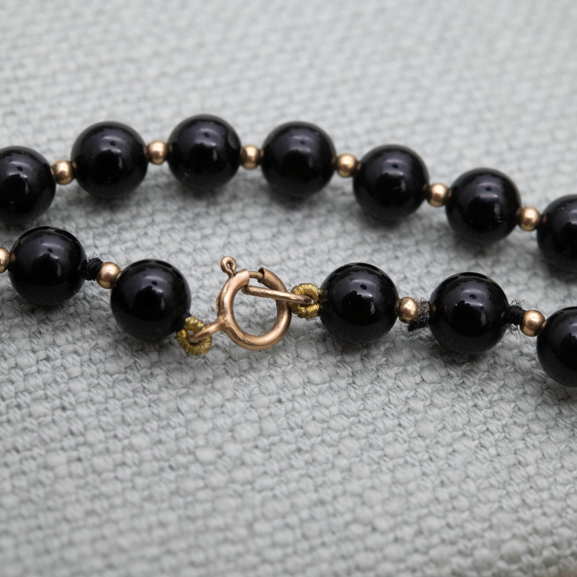 Vintage 9ct Gold Onyx Beaded Necklace with Gold Spacer Beads | Length 66cm 26"
