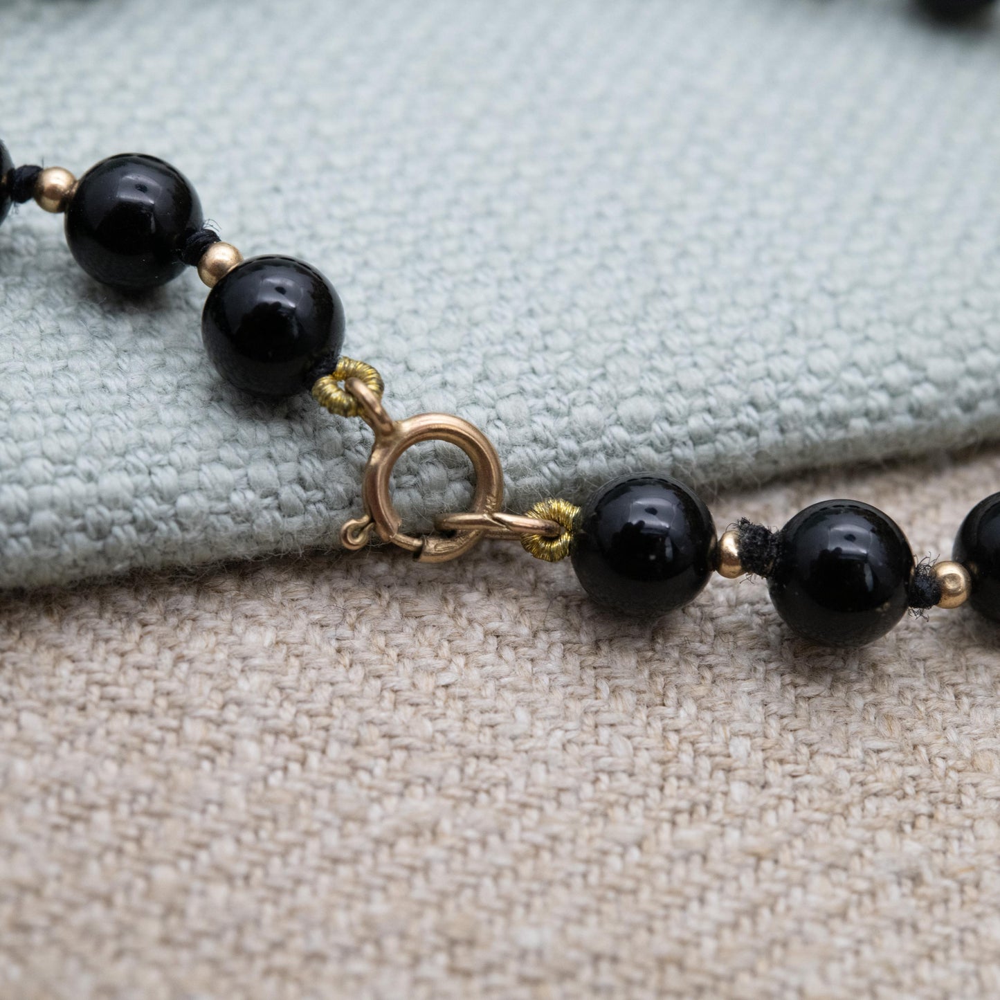 Vintage 9ct Gold Onyx Beaded Necklace with Gold Spacer Beads | Length 66cm 26"