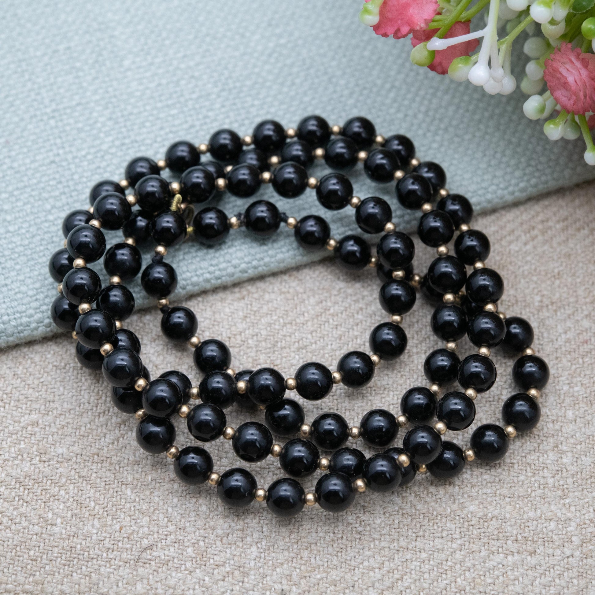 Vintage 9ct Gold Onyx Beaded Necklace with Gold Spacer Beads | Length 66cm 26"