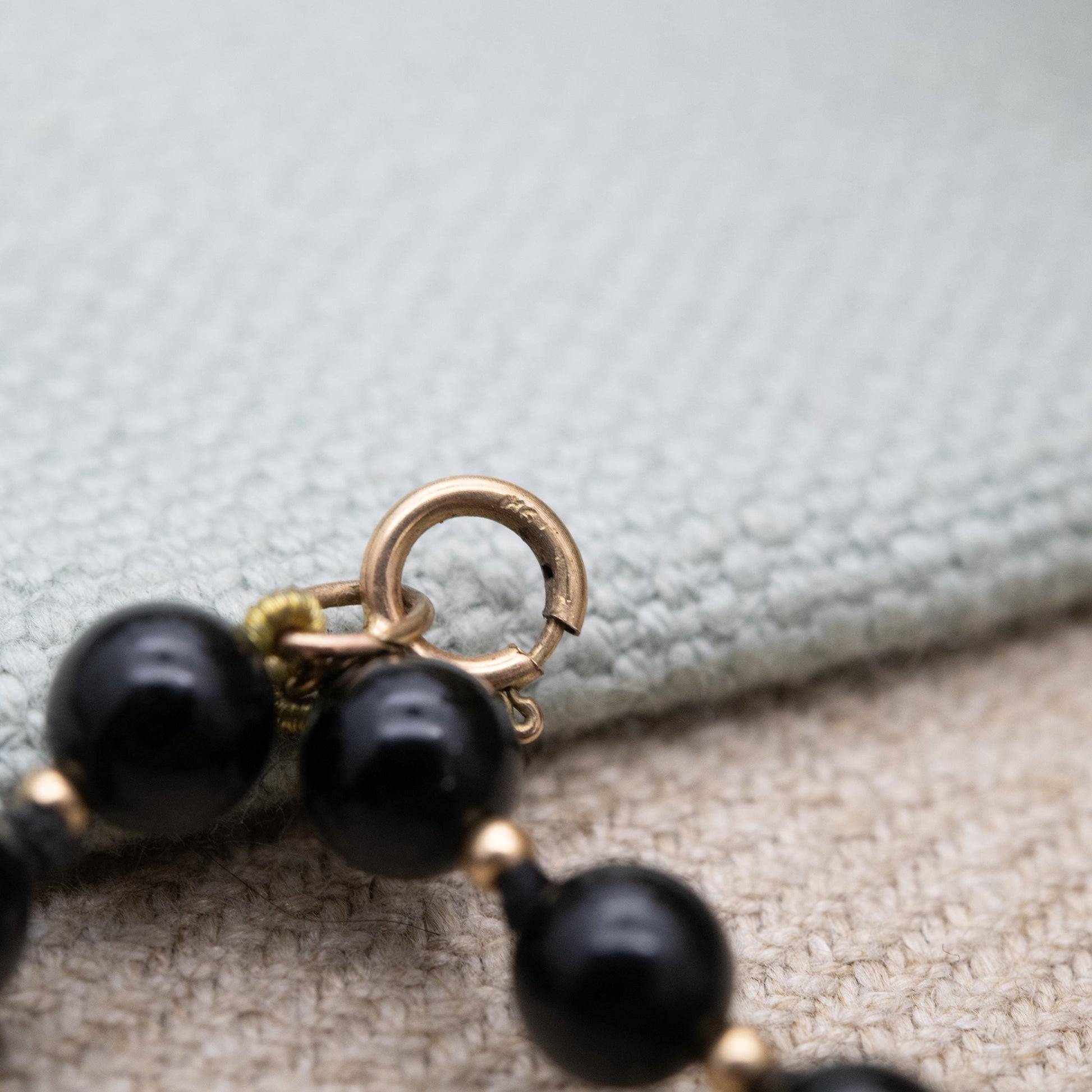 Vintage 9ct Gold Onyx Beaded Necklace with Gold Spacer Beads | Length 66cm 26"