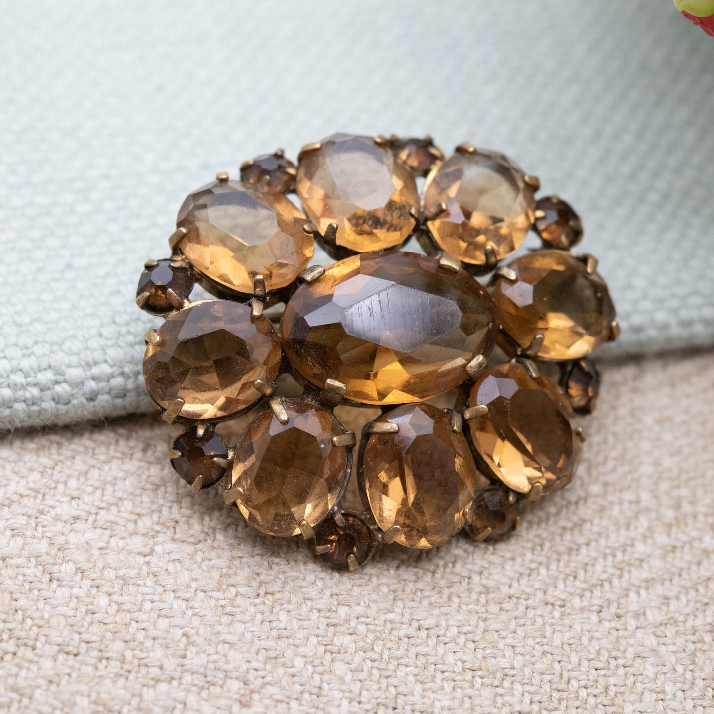 True Vintage Czech Glass Brooch with Large Faceted Brown Crystal Stones c. 1930s