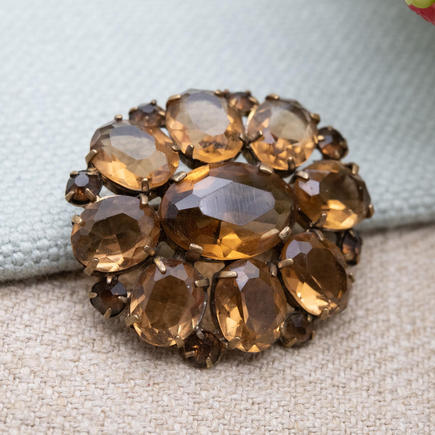 True Vintage Czech Glass Brooch with Large Faceted Brown Crystal Stones c. 1930s