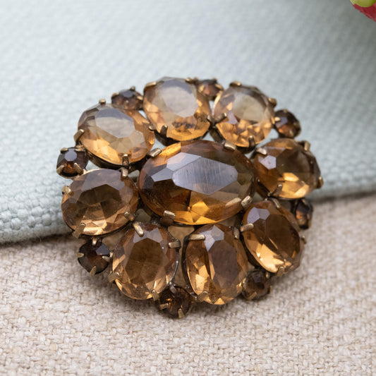 True Vintage Czech Glass Brooch with Large Faceted Brown Crystal Stones c. 1930s