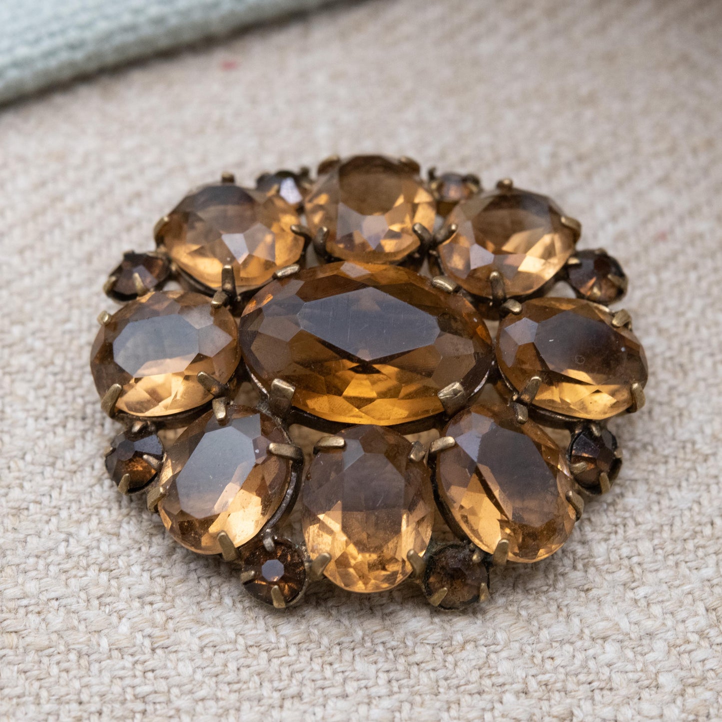 True Vintage Czech Glass Brooch with Large Faceted Brown Crystal Stones c. 1930s