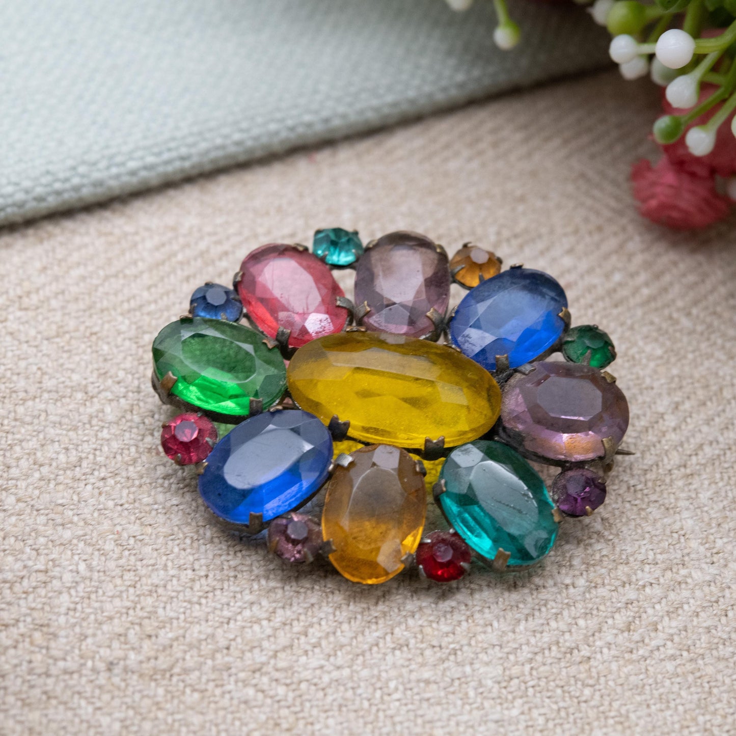 True Vintage Tutti Frutti Czech Glass Brooch Art Deco Era c. 1930s - Fruit Salad Colourful Crystal Jewellery including Uranium Glass