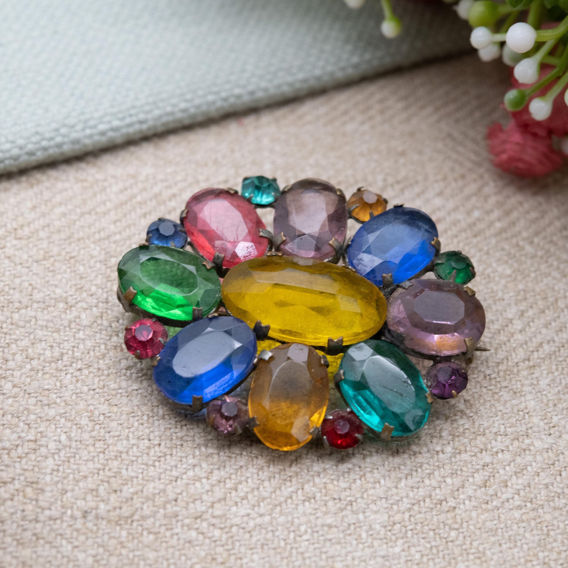 True Vintage Tutti Frutti Czech Glass Brooch Art Deco Era c. 1930s - Fruit Salad Colourful Crystal Jewellery including Uranium Glass