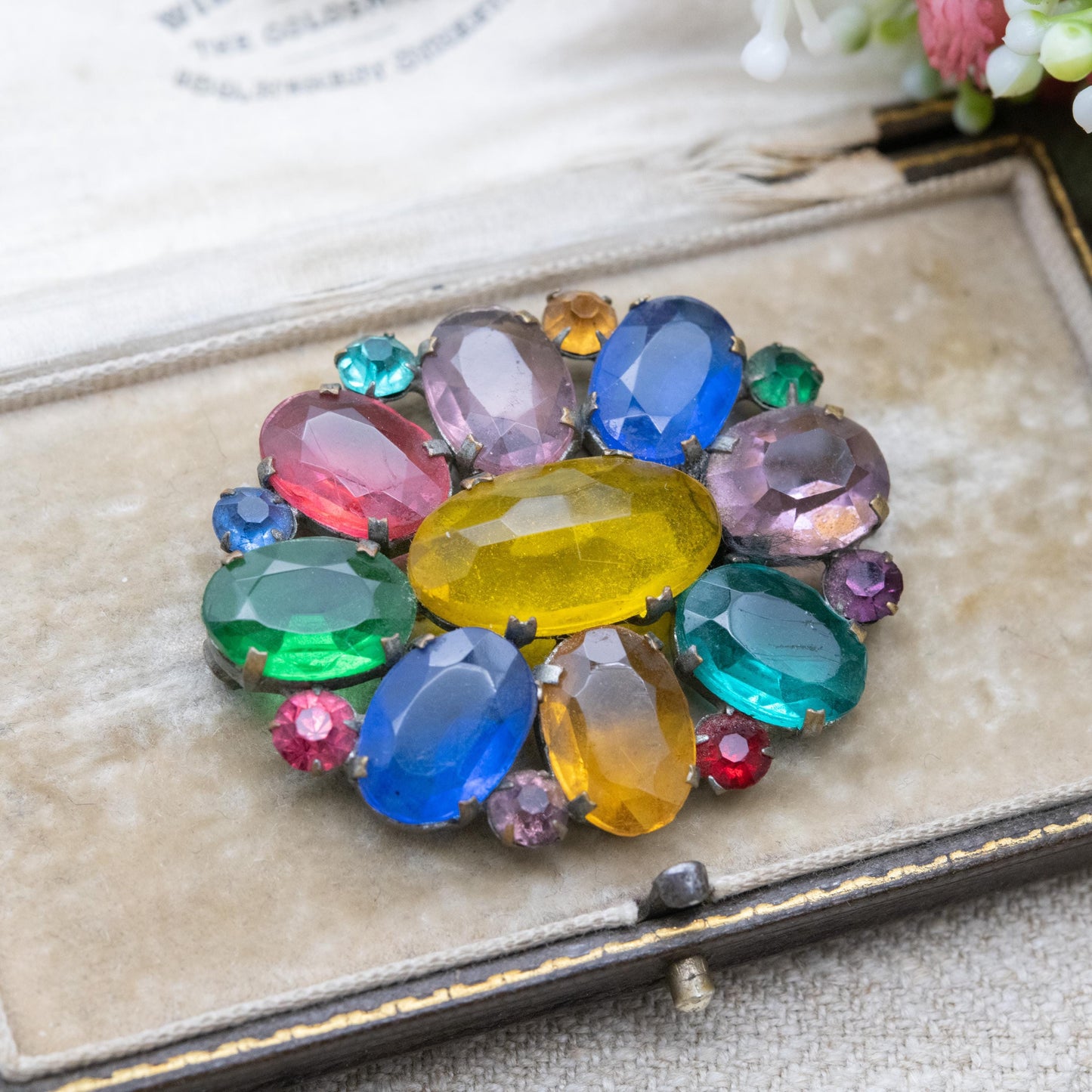 True Vintage Tutti Frutti Czech Glass Brooch Art Deco Era c. 1930s - Fruit Salad Colourful Crystal Jewellery including Uranium Glass