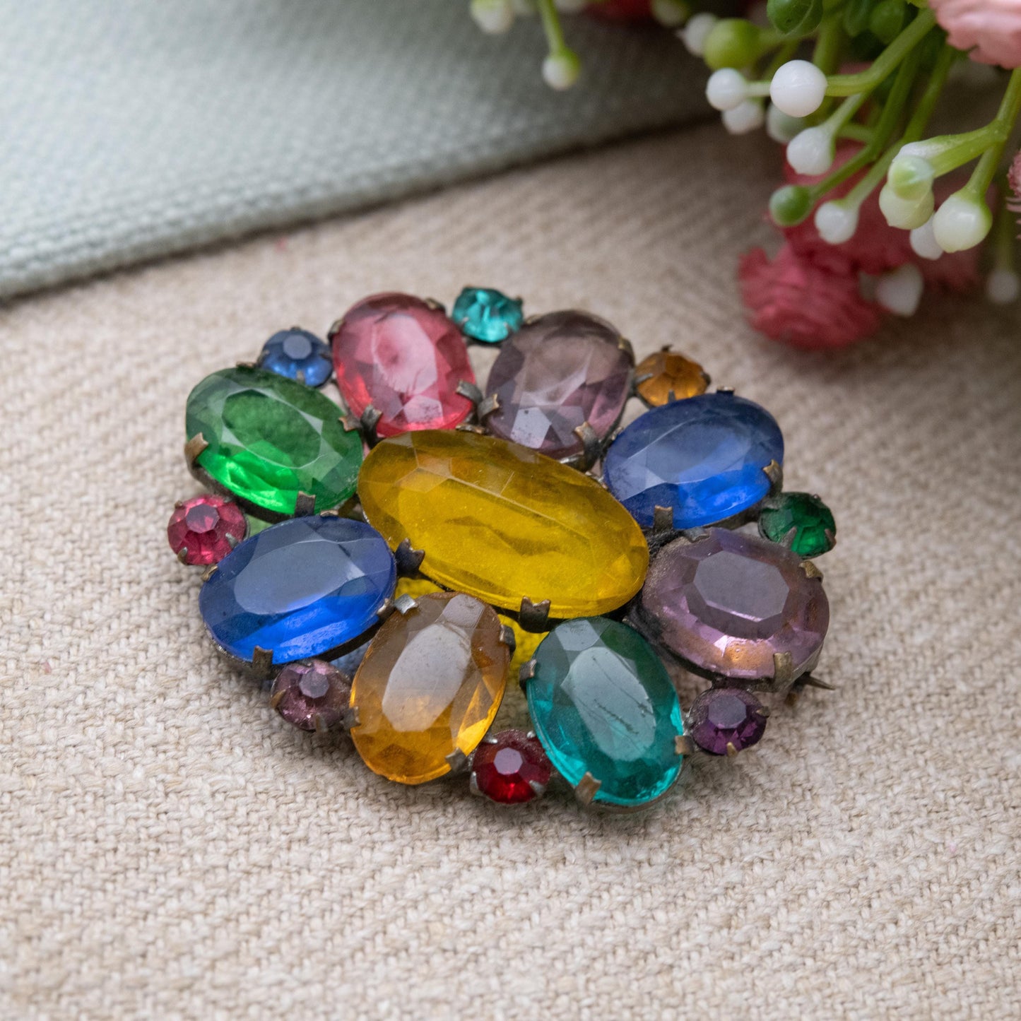 True Vintage Tutti Frutti Czech Glass Brooch Art Deco Era c. 1930s - Fruit Salad Colourful Crystal Jewellery including Uranium Glass