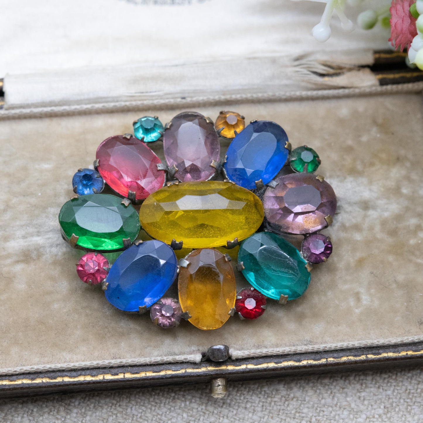 True Vintage Tutti Frutti Czech Glass Brooch Art Deco Era c. 1930s - Fruit Salad Colourful Crystal Jewellery including Uranium Glass