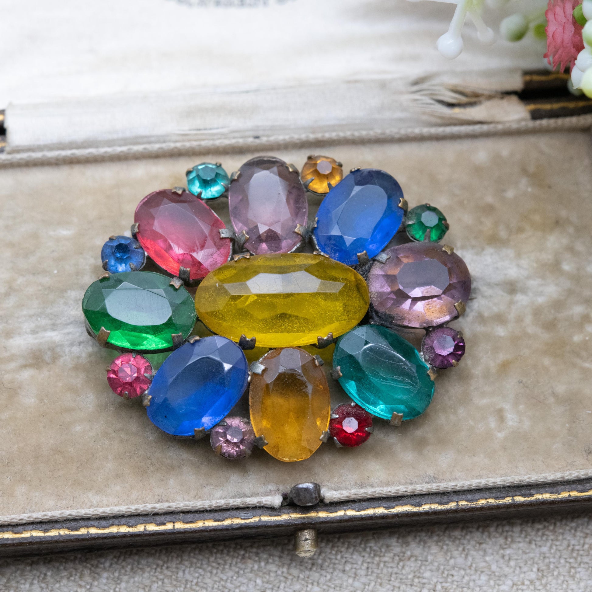 True Vintage Tutti Frutti Czech Glass Brooch Art Deco Era c. 1930s - Fruit Salad Colourful Crystal Jewellery including Uranium Glass