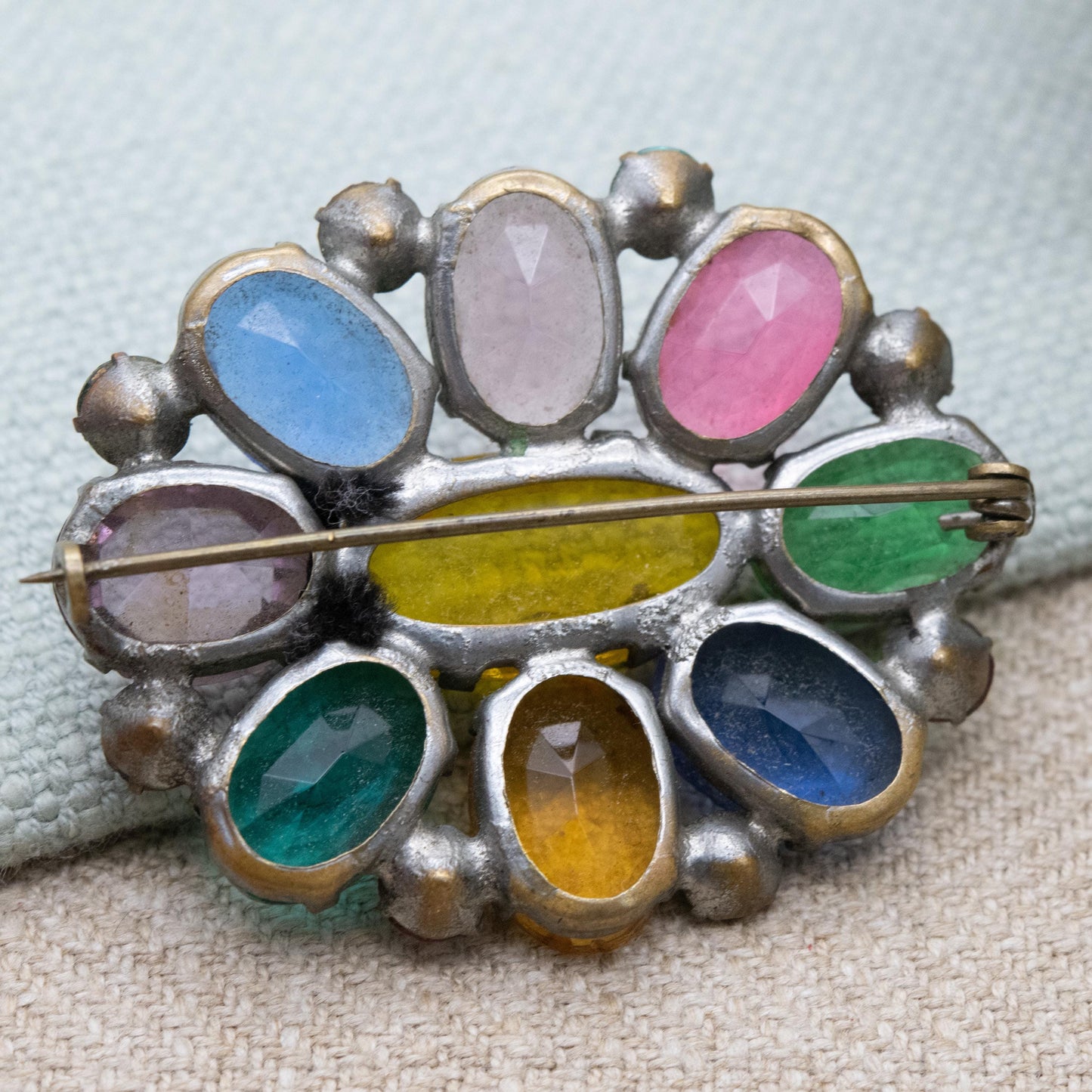 True Vintage Tutti Frutti Czech Glass Brooch Art Deco Era c. 1930s - Fruit Salad Colourful Crystal Jewellery including Uranium Glass