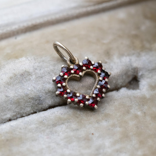 Vintage Silver Gilt Garnet Heart Pendant - European Rose Cut Love Heart Charm