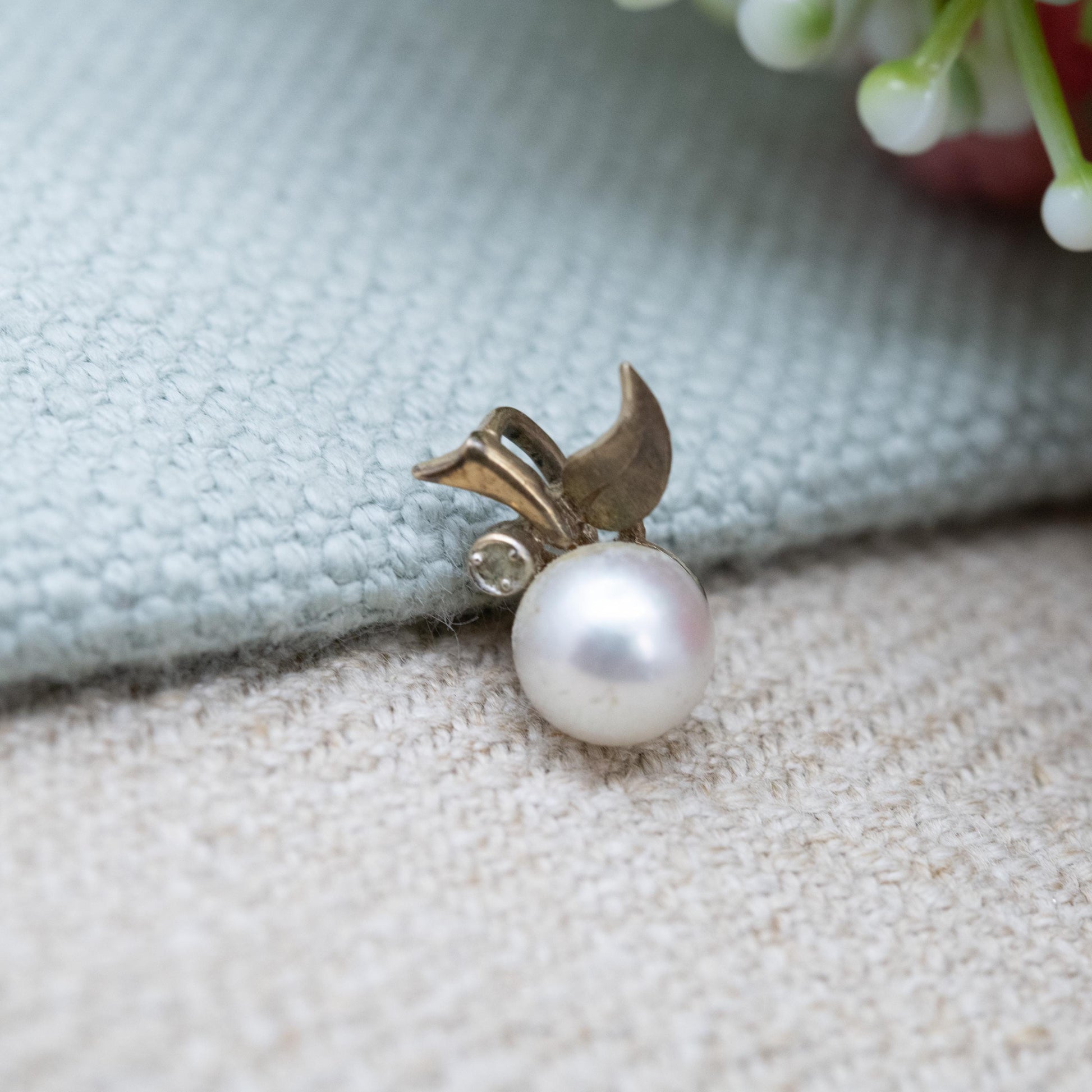 Vintage 9ct Gold Diamond and Pearl Apple Pendant - White Cultured Pearl Charm for Necklace Stack