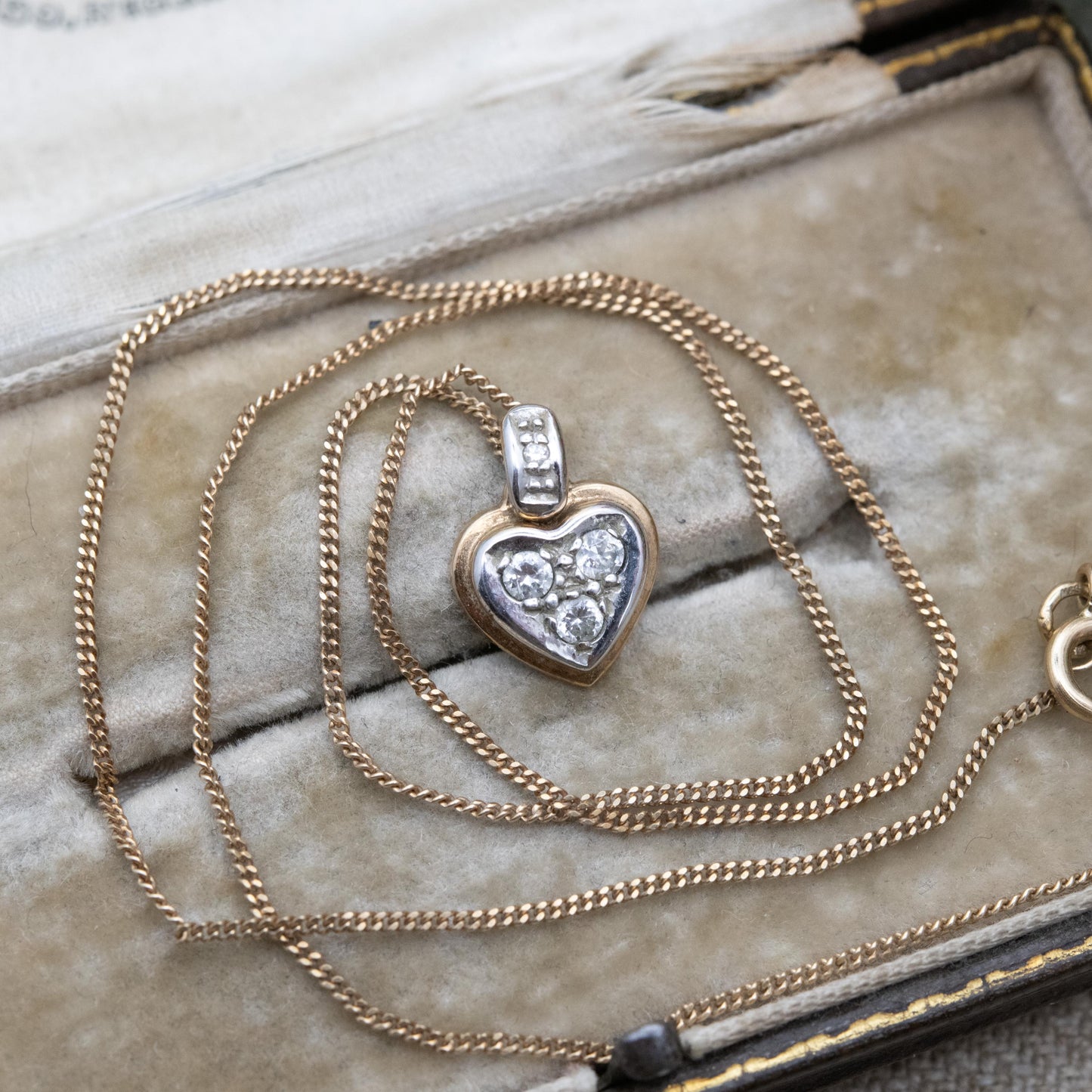 Vintage 9ct Gold Heart Pendant Necklace Two Tone with Clear Stones - Yellow Gold & White Gold