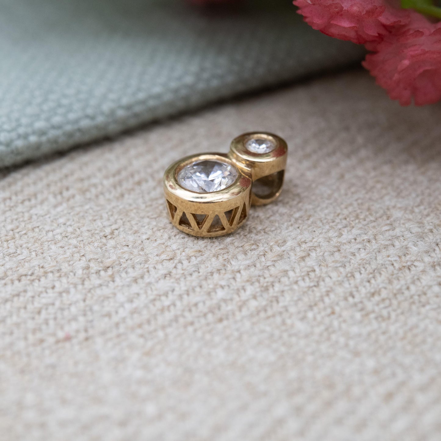 Vintage 10ct Gold CZ Pendant with Double Bezel Set Stones - Large Round Sparkly Clear Stone Gift for Her