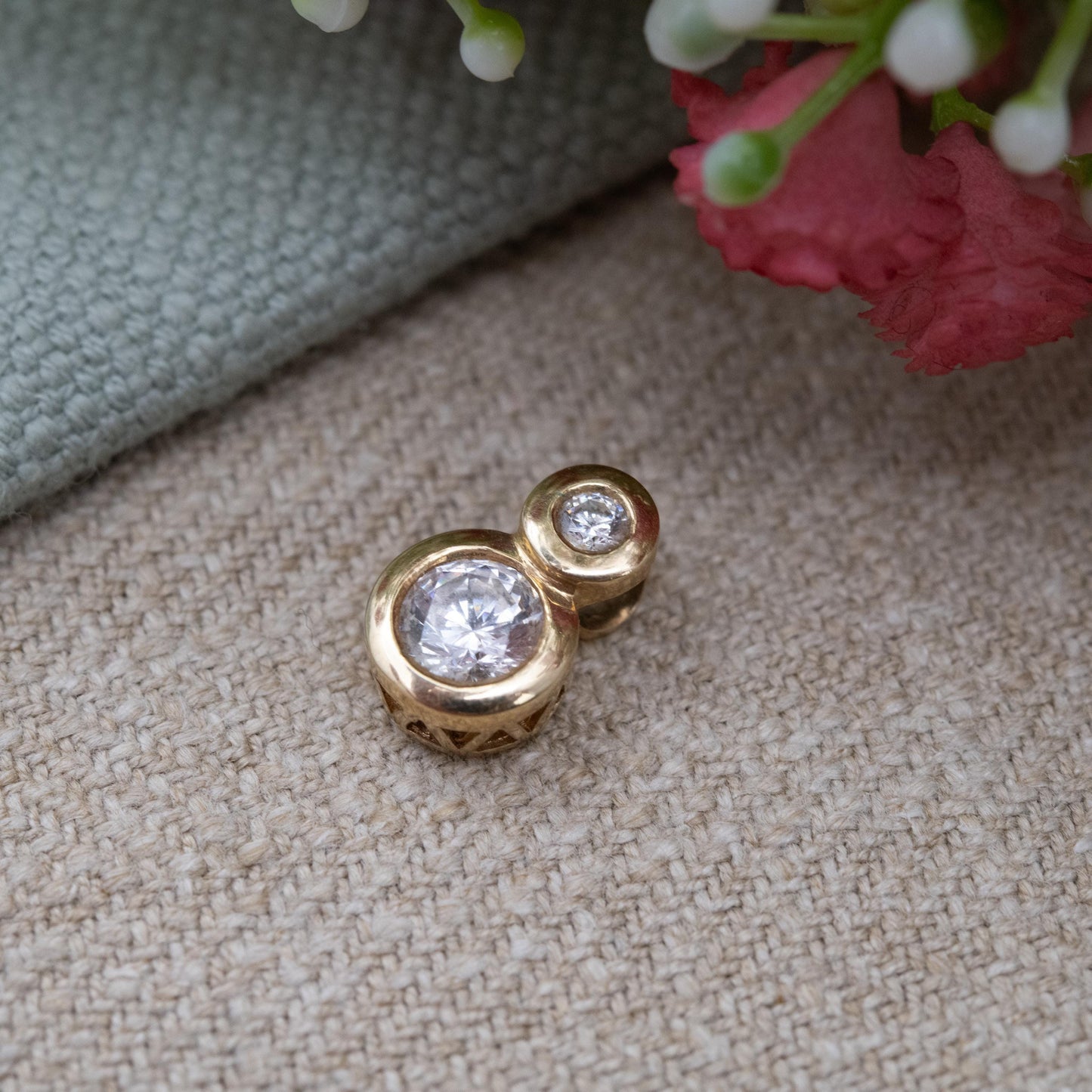 Vintage 10ct Gold CZ Pendant with Double Bezel Set Stones - Large Round Sparkly Clear Stone Gift for Her