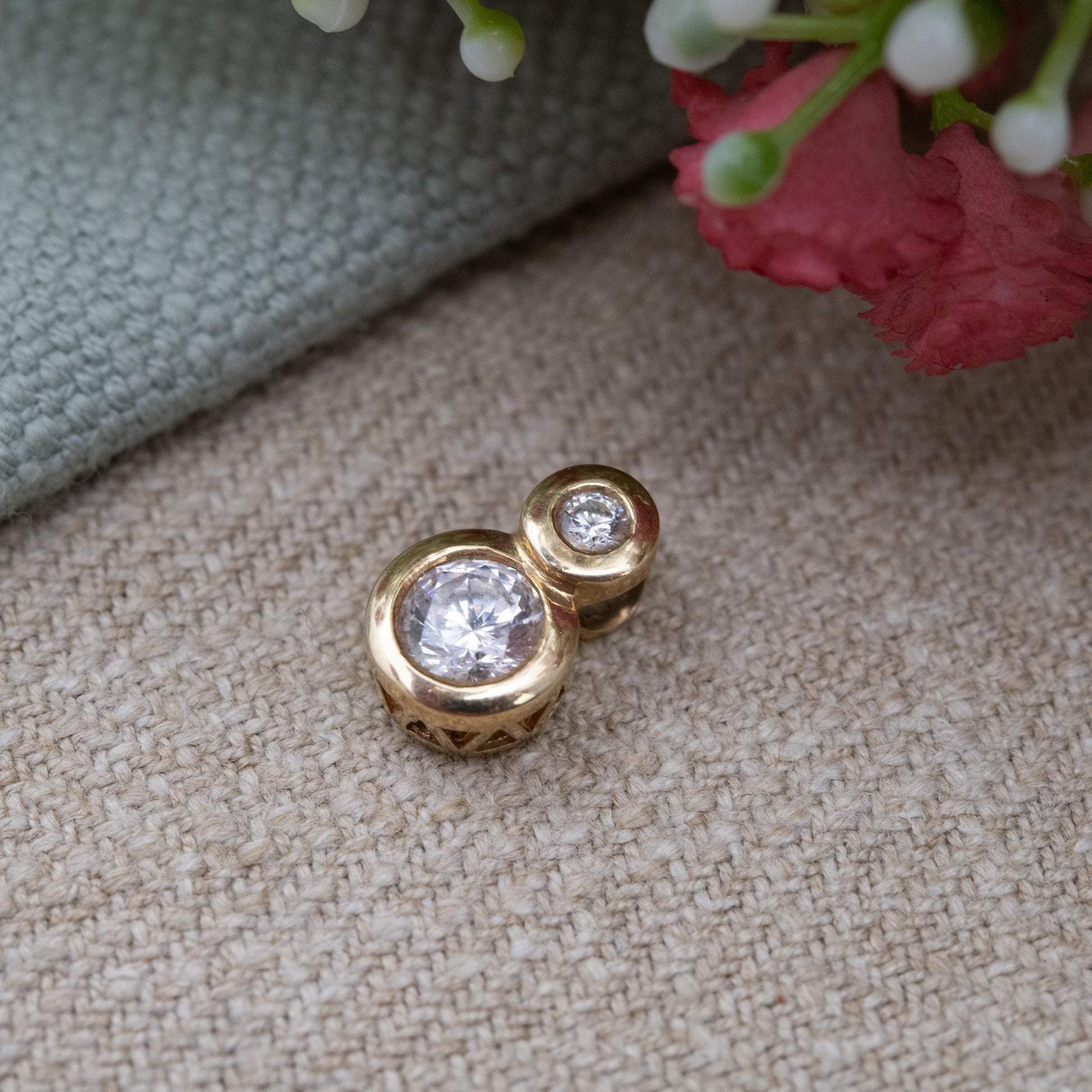 Vintage 10ct Gold CZ Pendant with Double Bezel Set Stones - Large Round Sparkly Clear Stone Gift for Her