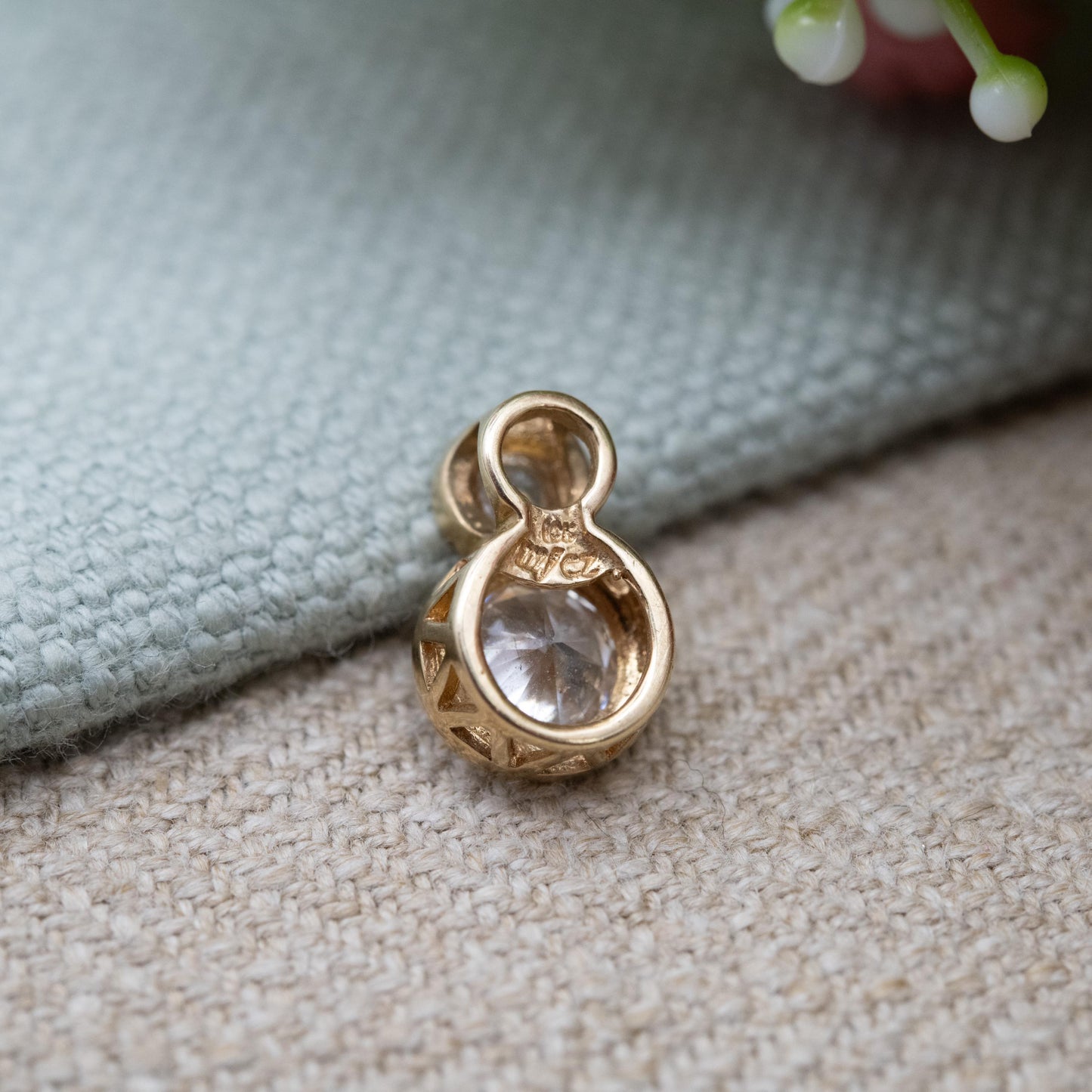 Vintage 10ct Gold CZ Pendant with Double Bezel Set Stones - Large Round Sparkly Clear Stone Gift for Her