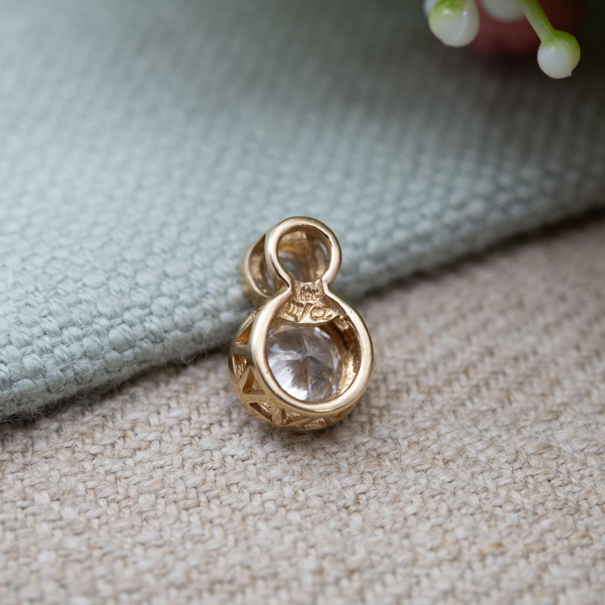 Vintage 10ct Gold CZ Pendant with Double Bezel Set Stones - Large Round Sparkly Clear Stone Gift for Her