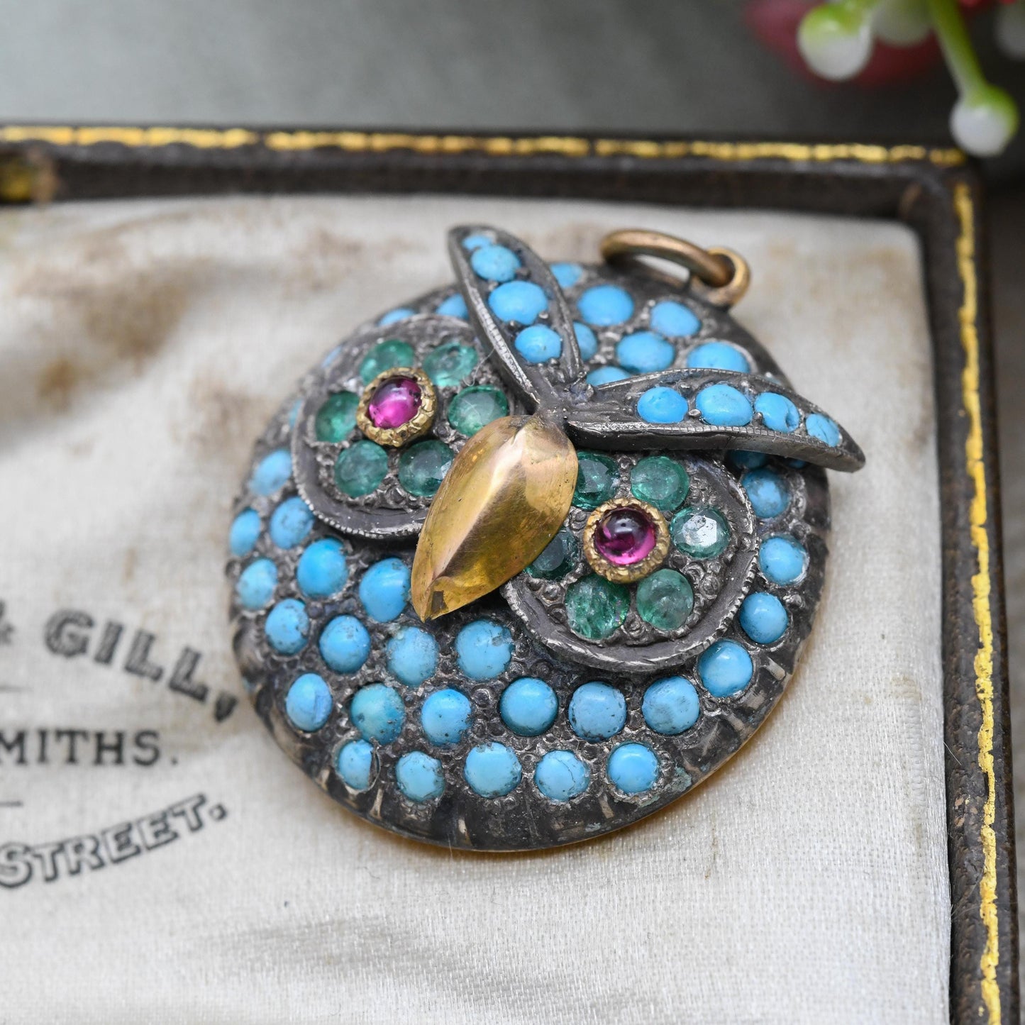 Antique Victorian Gemstone Owl Pendant with Turquoise Emerald and Garnet in Gold and Silver c. 1860s