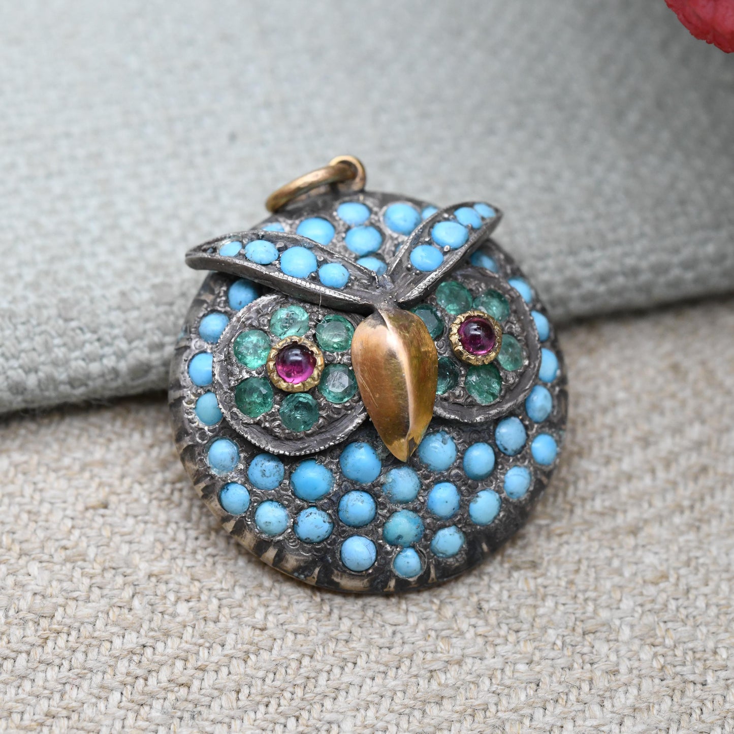 Antique Victorian Gemstone Owl Pendant with Turquoise Emerald and Garnet in Gold and Silver c. 1860s