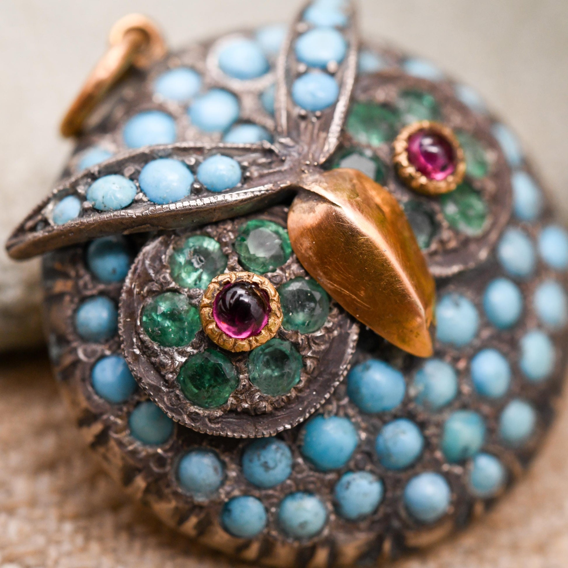 Antique Victorian Gemstone Owl Pendant with Turquoise Emerald and Garnet in Gold and Silver c. 1860s