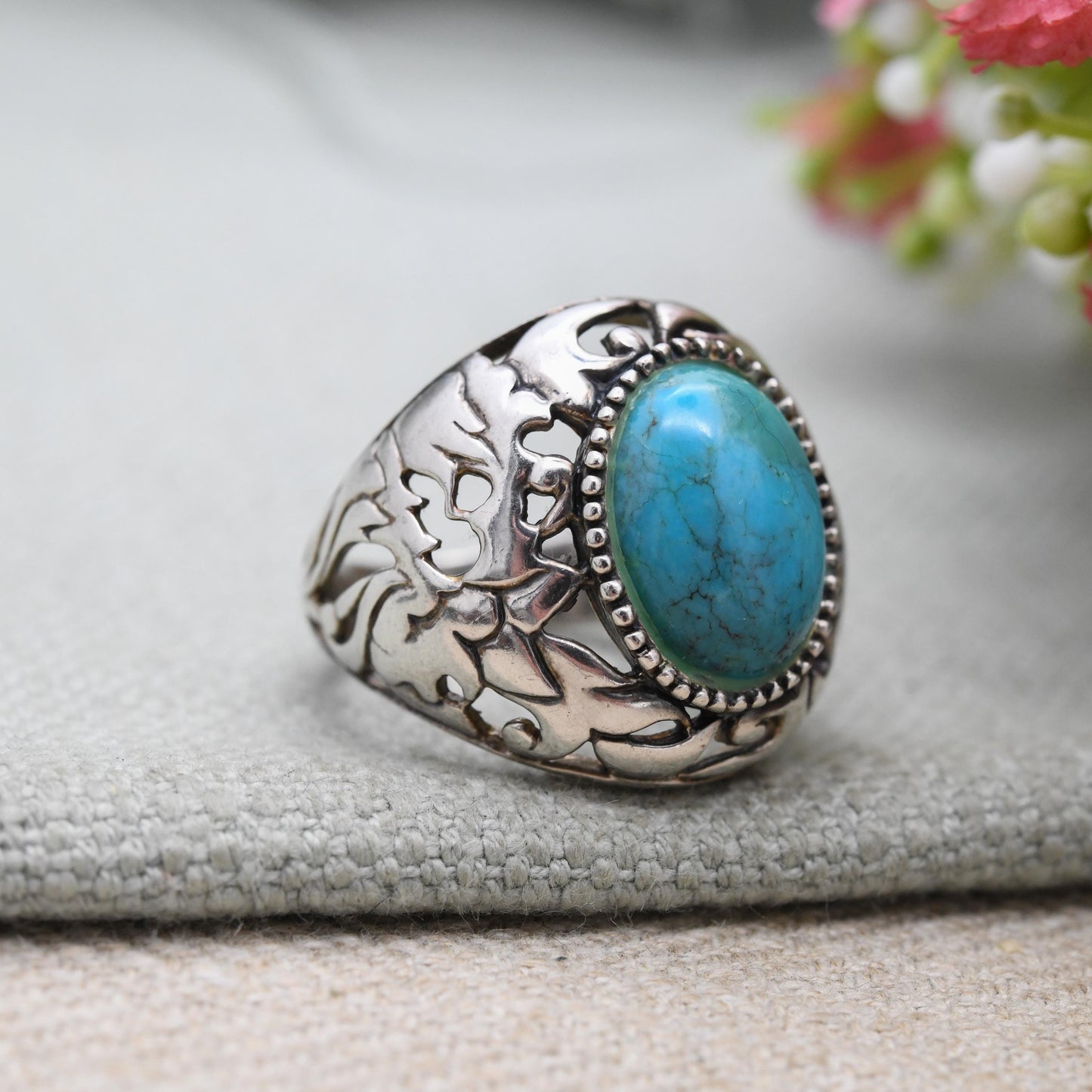 Vintage Betty Bennett Sterling Silver Turquoise Ring - Navajo Southwestern Designer | UK Size - P US Size - 8