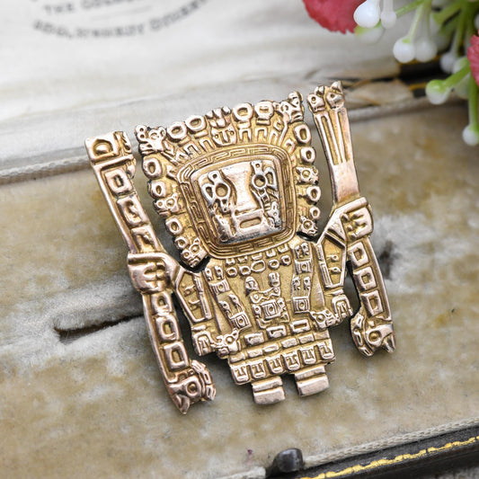 Vintage Peru Sterling Silver 18K Gold Brooch of Viracocha Incan Creator God - Peruvian Silver Jewellery South American Design