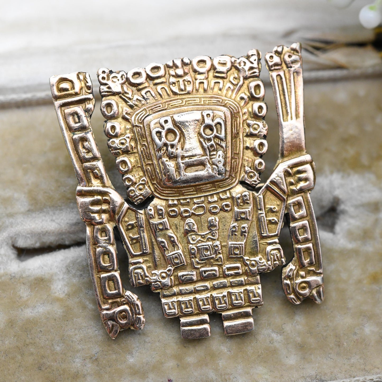Vintage Peru Sterling Silver 18K Gold Brooch of Viracocha Incan Creator God - Peruvian Silver Jewellery South American Design