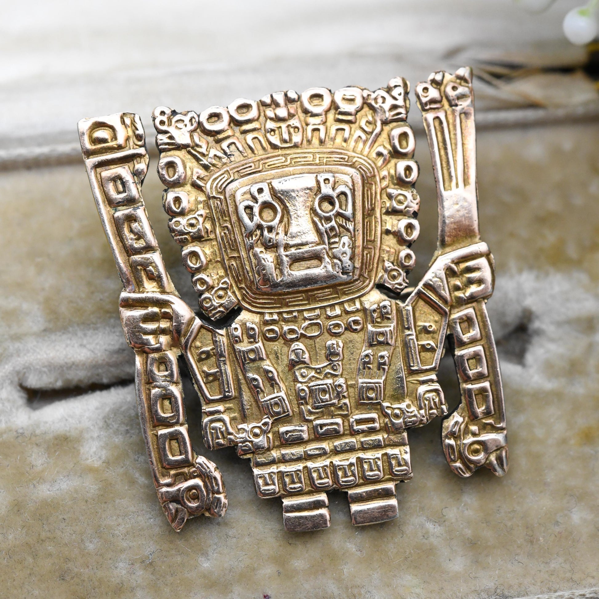 Vintage Peru Sterling Silver 18K Gold Brooch of Viracocha Incan Creator God - Peruvian Silver Jewellery South American Design