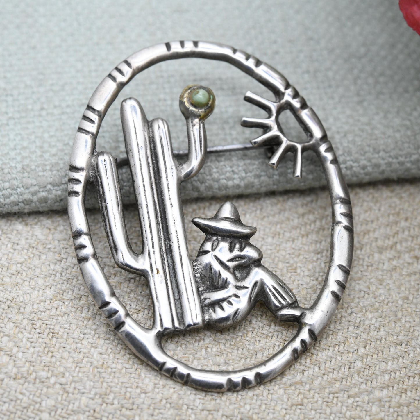 Vintage Mexican Silver Cactus and Man Openwork Brooch with Green Gemstone